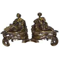 Antique Stunning Pair of Early Louis XVI French Bronze Chenets after Bouhon Fres, Paris