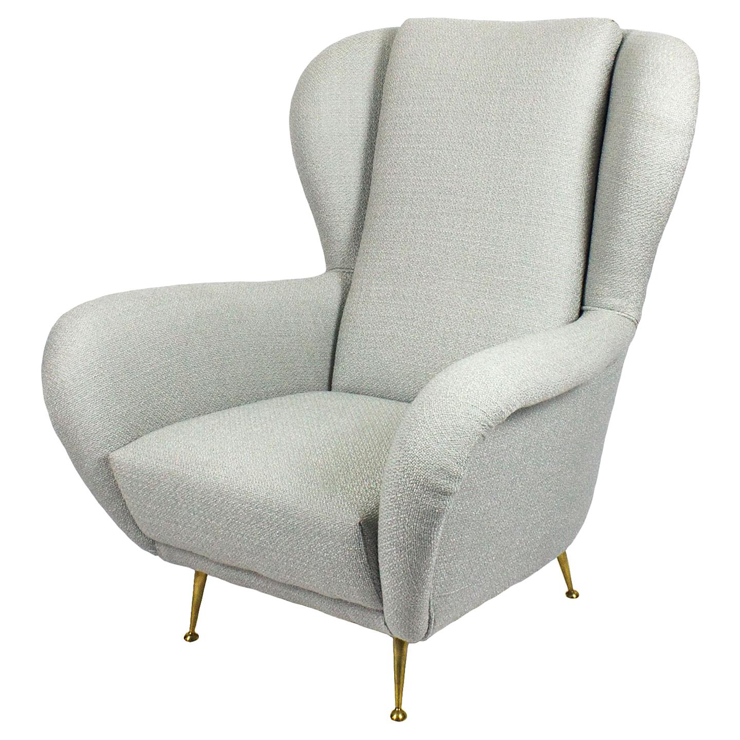 1950s Wing Armchair by i.S.a., Polyester Fabric, Brass, Italy