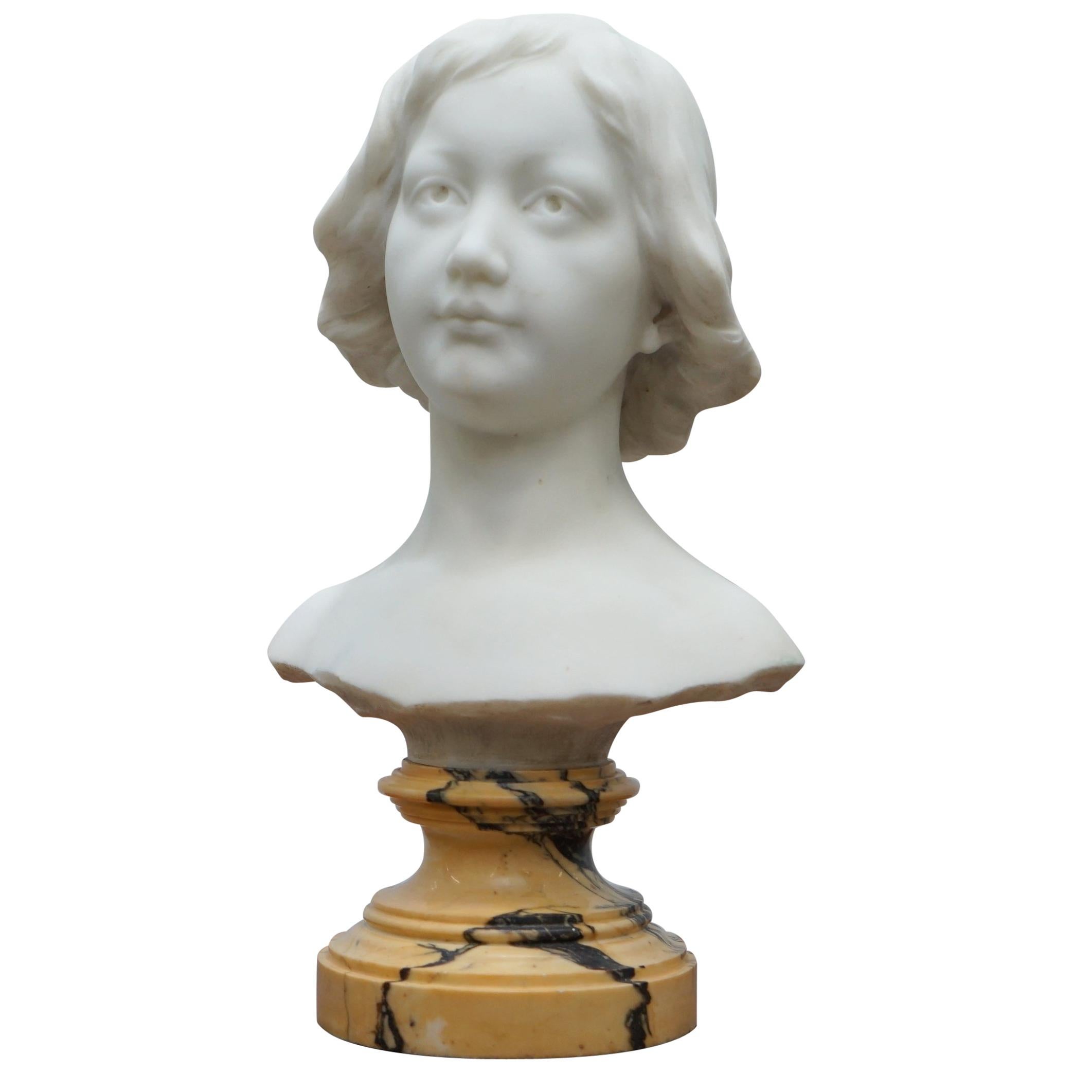 Napoleon III French Solid Marble Bust, Signed by Sculptor of a Beautiful Women For Sale