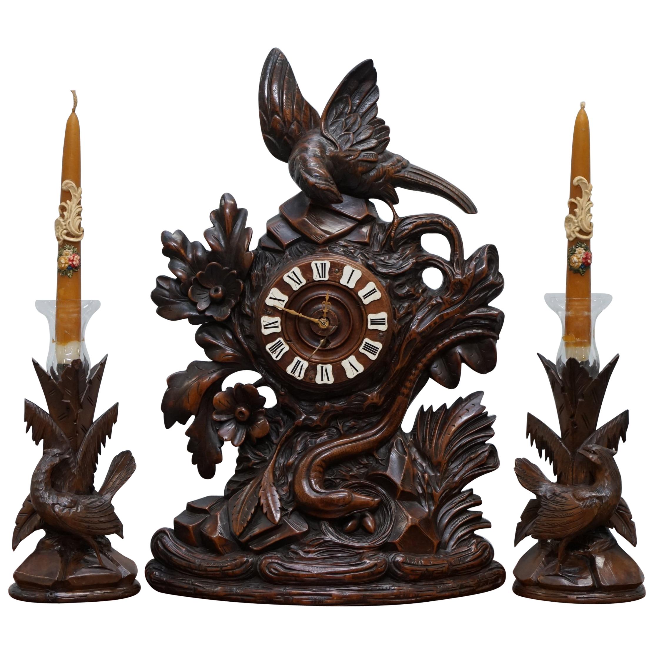 Rare Original Black Forest Linden Wood Clock Garniture Set Original Candlesticks