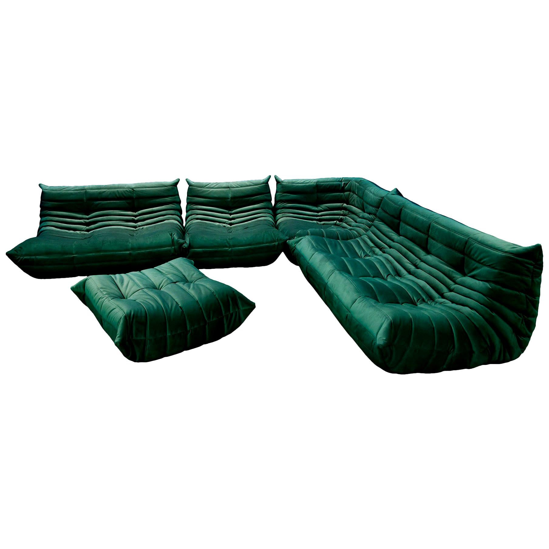 Green Velvet Togo Sofa Set by Michel Ducaroy for Ligne Roset, Set of 5 For Sale