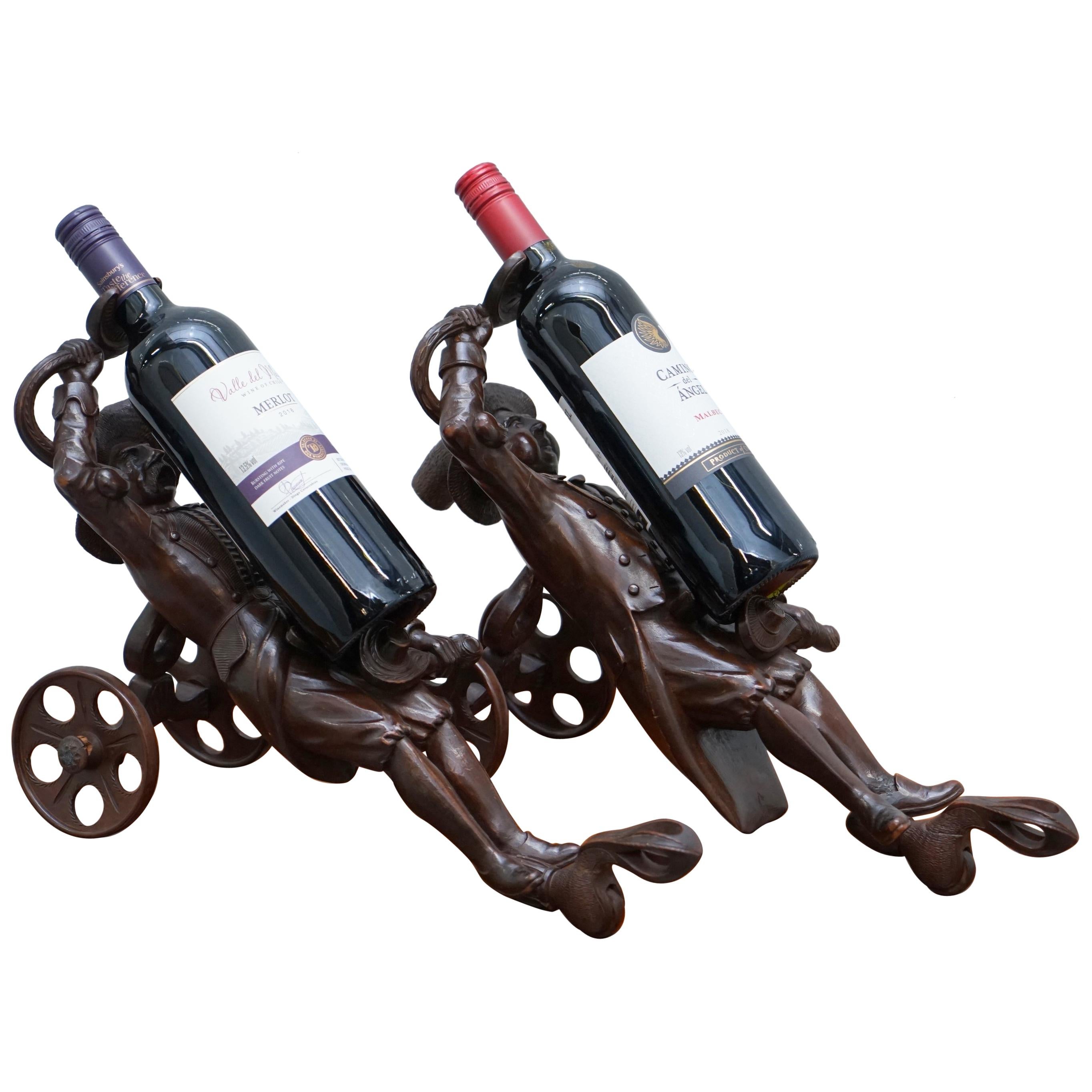 Rare Pair of Original circa 1880 Black Forest Carved Wood Wine Bottle Holders