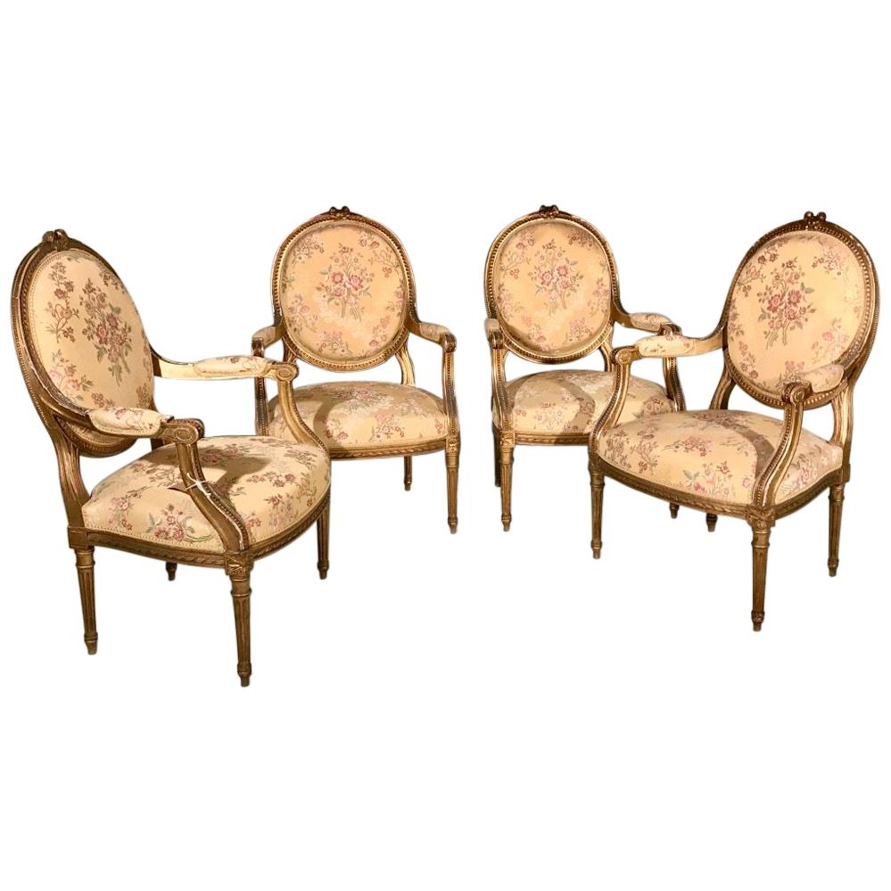 Set of 4 Late 19th Century Gilt Open Armchairs