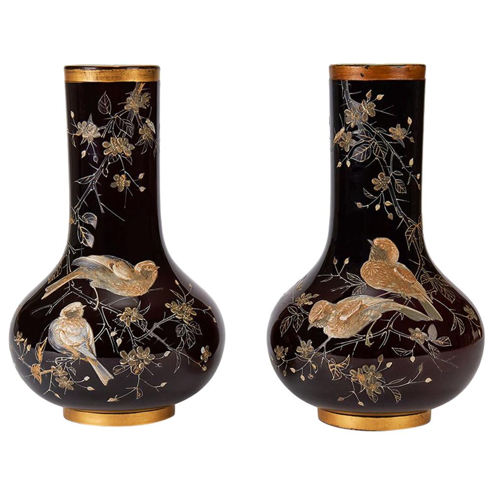 Pair of Ruby Overlay Bird Applied Glass Vases 19th Century