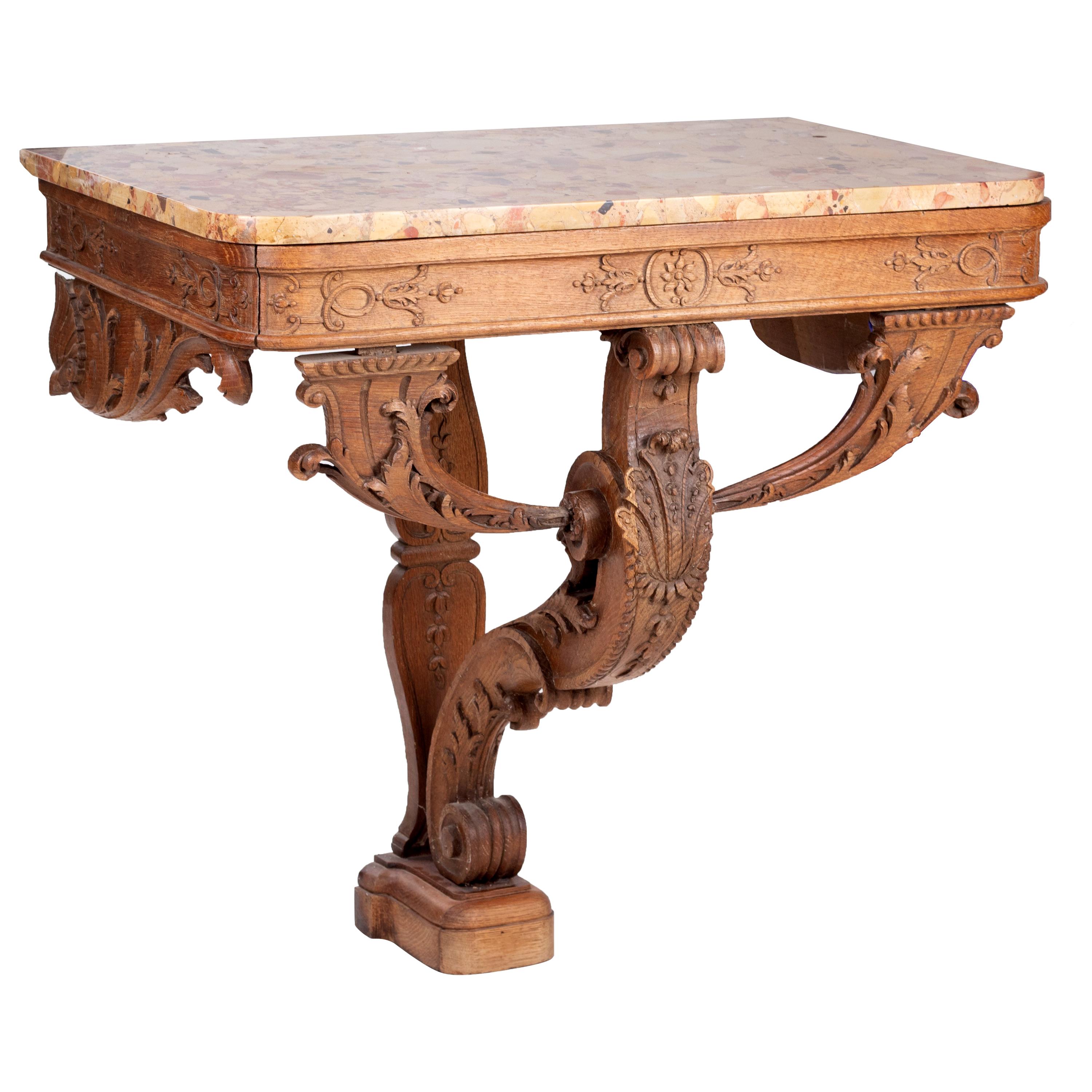 18th Century French Hand Carved Wooden One Leg Console Table with Marble Top