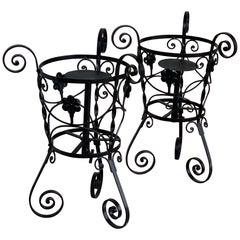 Retro 20th Century Set of Two Black Wrought Iron Painted Adjustable Plant Stands