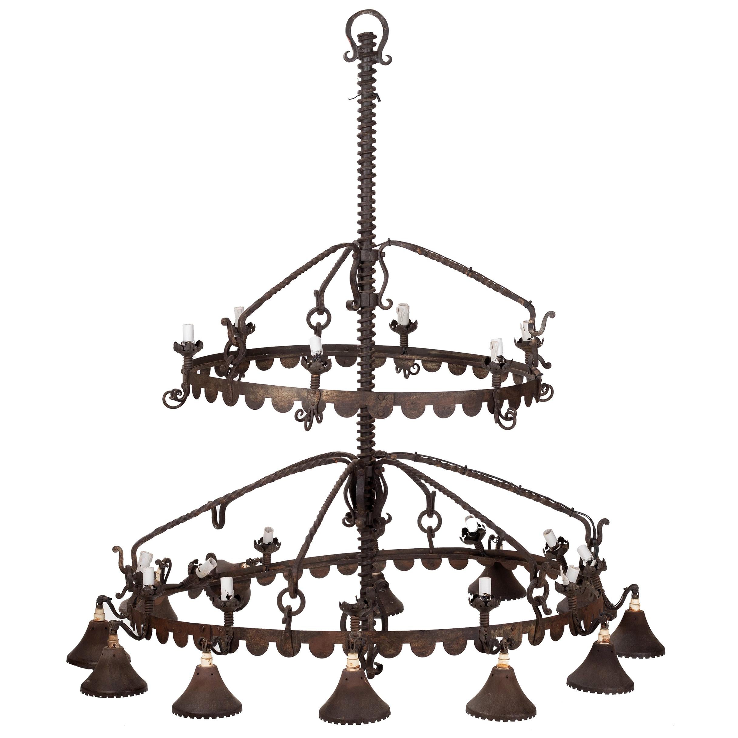 1970s French Two-Tiered Iron Chandelier For Sale