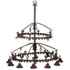 1970s French Two-Tiered Iron Chandelier