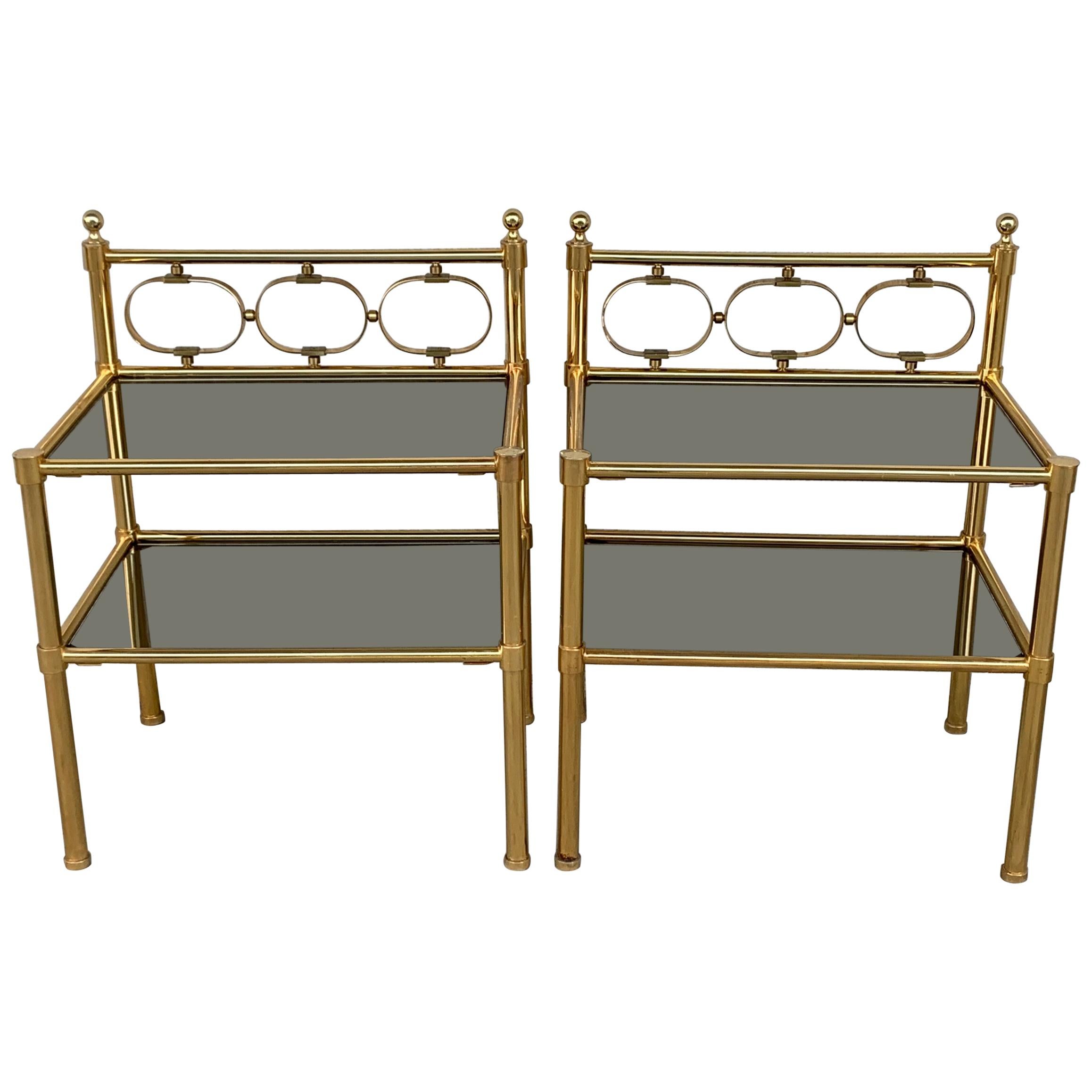 Mid-Century Modern Pair of Nightstands with Two Fumee Glass Shelves 
