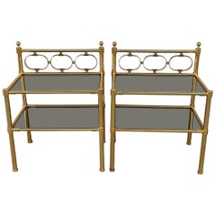 Mid-Century Modern Pair of Nightstands with Two Fumee Glass Shelves