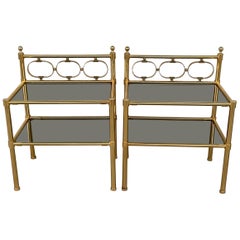 Mid-Century Modern Pair of Nightstands with Two Fumee Glass Shelves 