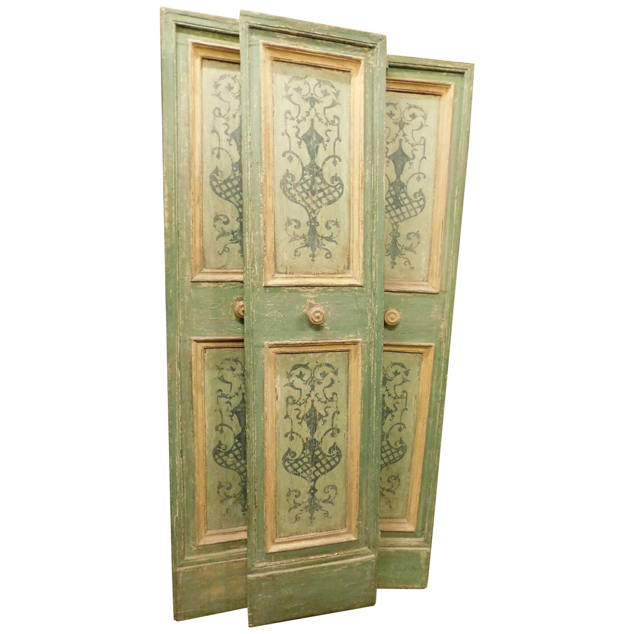 17th Century Antique Double Doors, Green and Yellow, Hand-Painted, Italy
