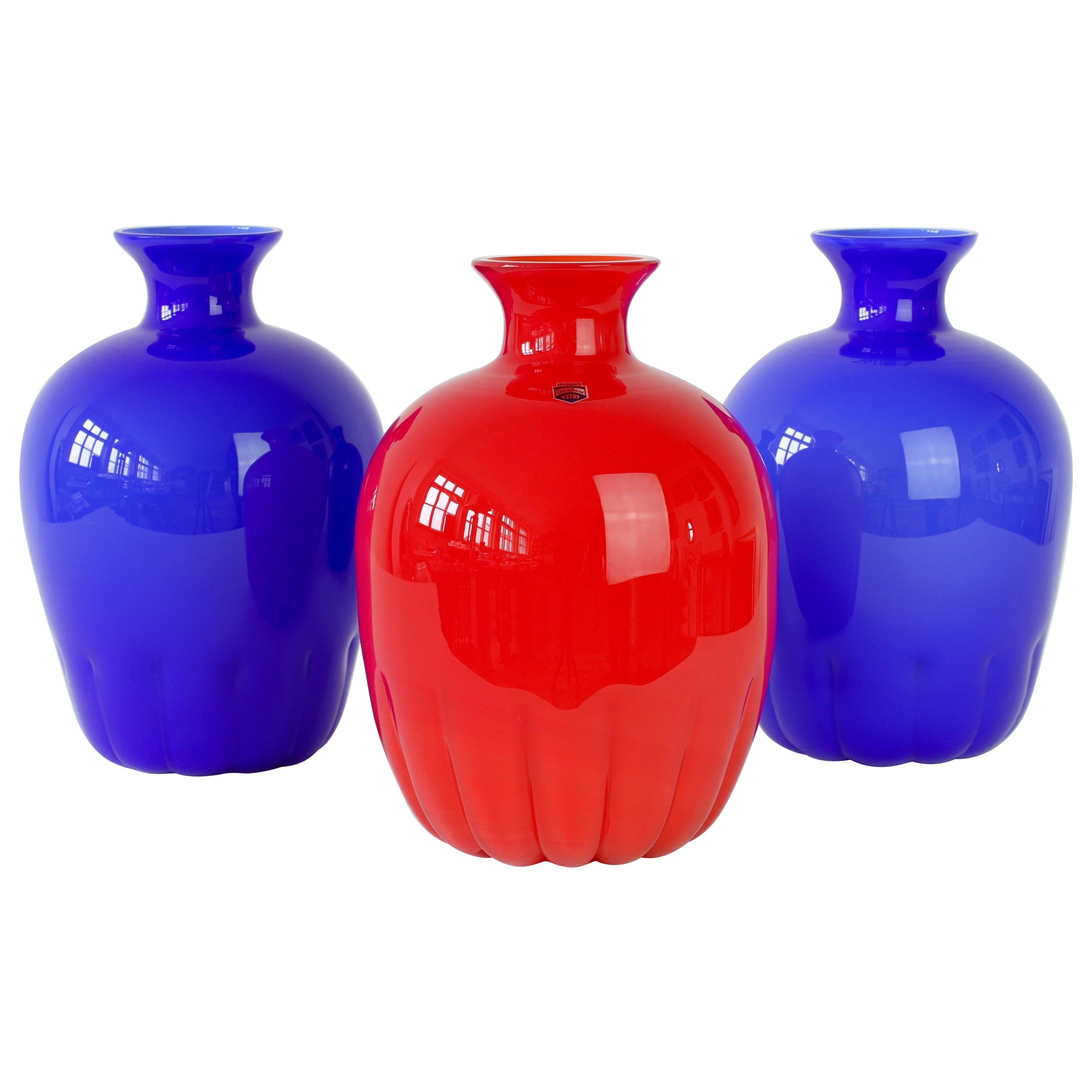 Colorful Cenedese Set / Trio of Red & Blue Vintage Italian Murano Glass Vases