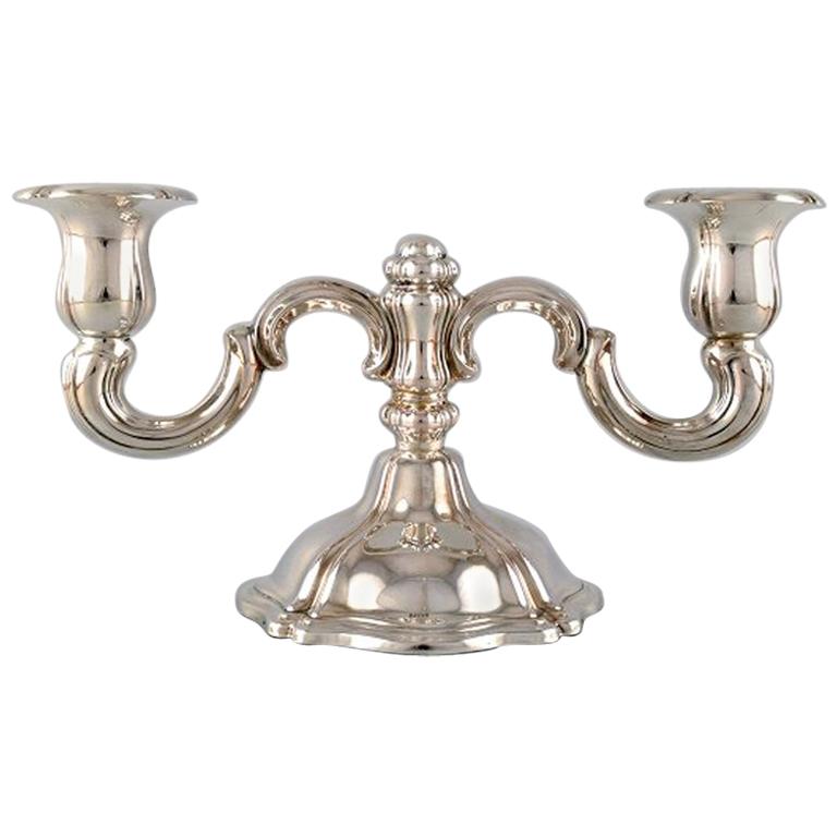 Two-Armed Neo Rococo Candlestick with Curved Arms in Silver, 1930s-1940s