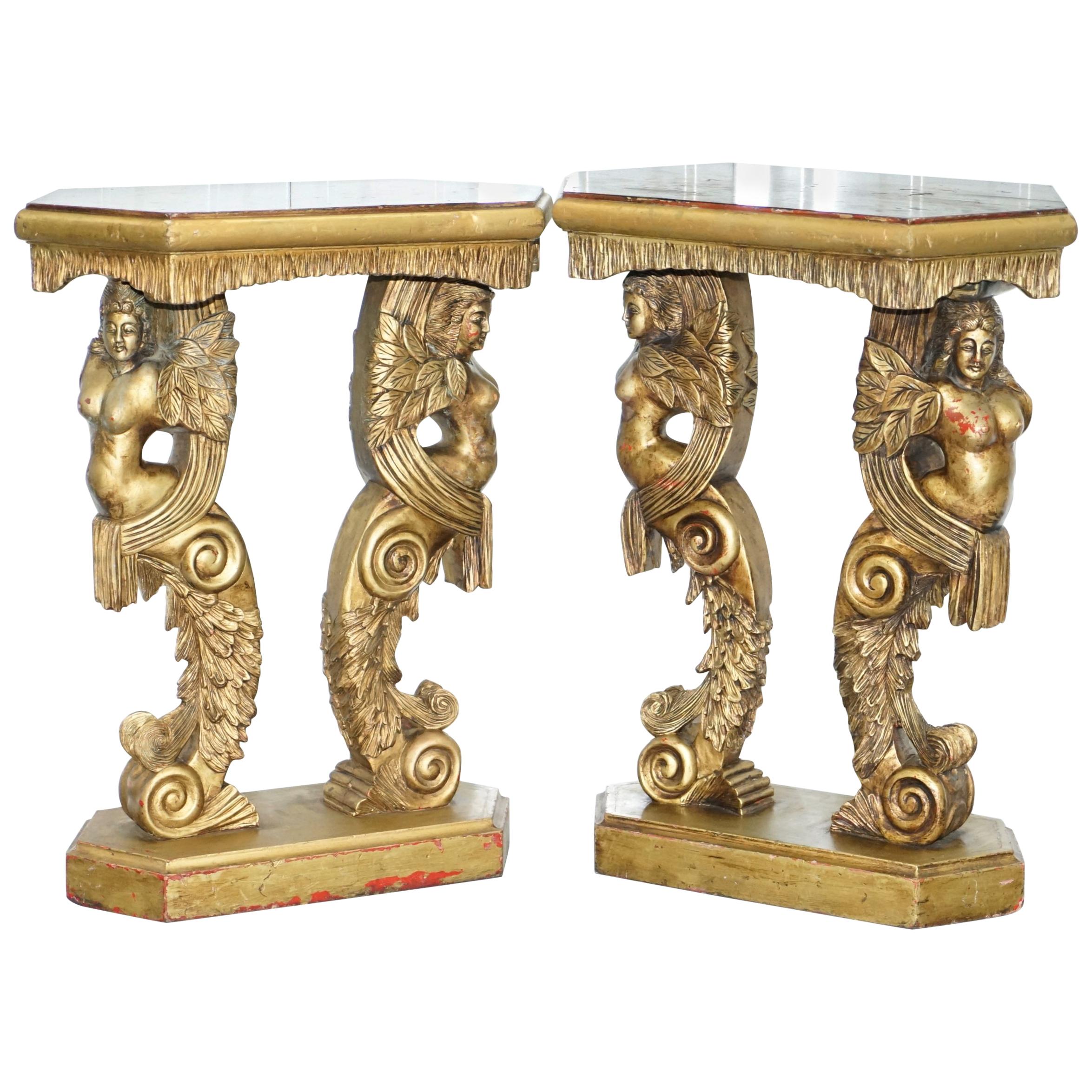 Pair of Giltwood Side Tables or Torchiere Stands Depicting Semi Nude Goddesses
