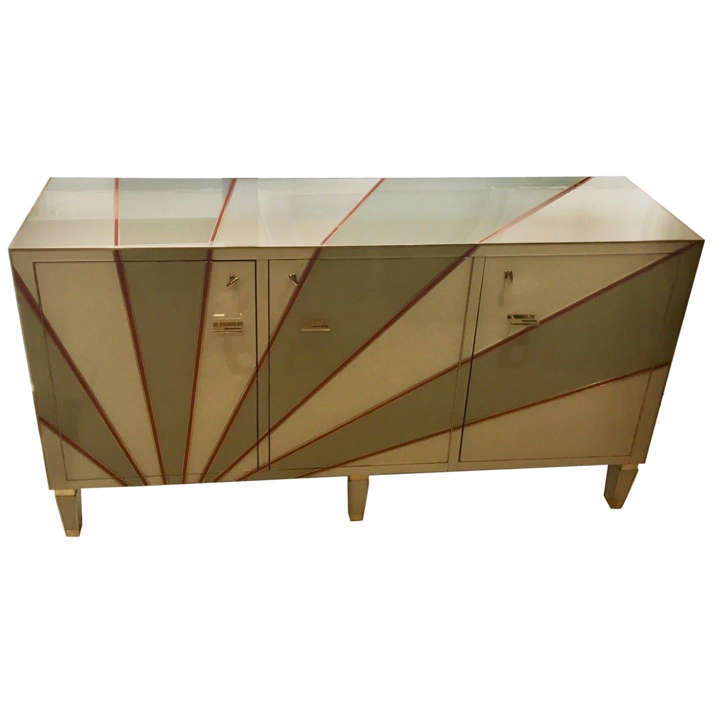 Multicolored Opaline Glass Credenza Geometrical Design and Brass Edges, 1970s