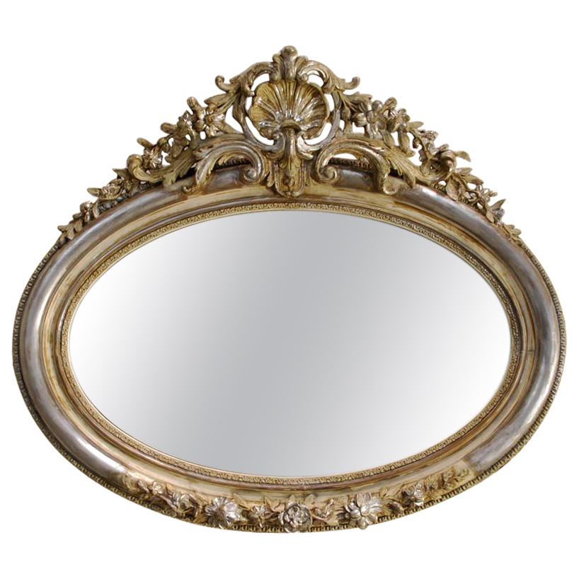 Antique 19th Century French Silver Leaf Gilt Oval Mirror with Crest