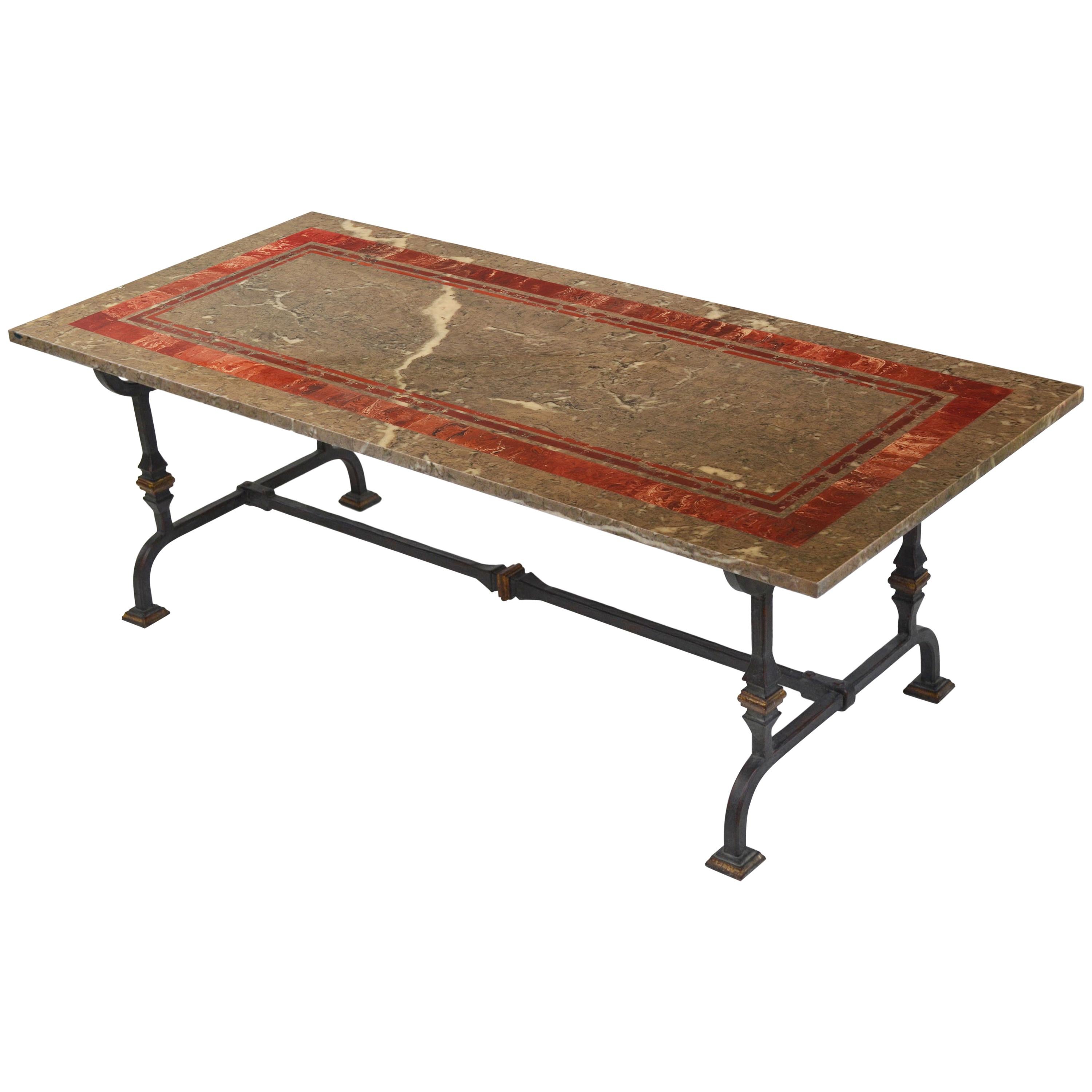 Brown marble rectangular  Coffee Table red  Inlay Black Wrought Iron Base