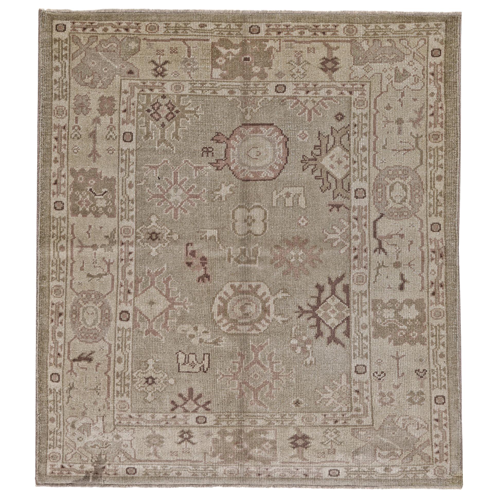 Green and Ivory Handmade Wool Distressed Turkish Antique Oushak Rug For Sale