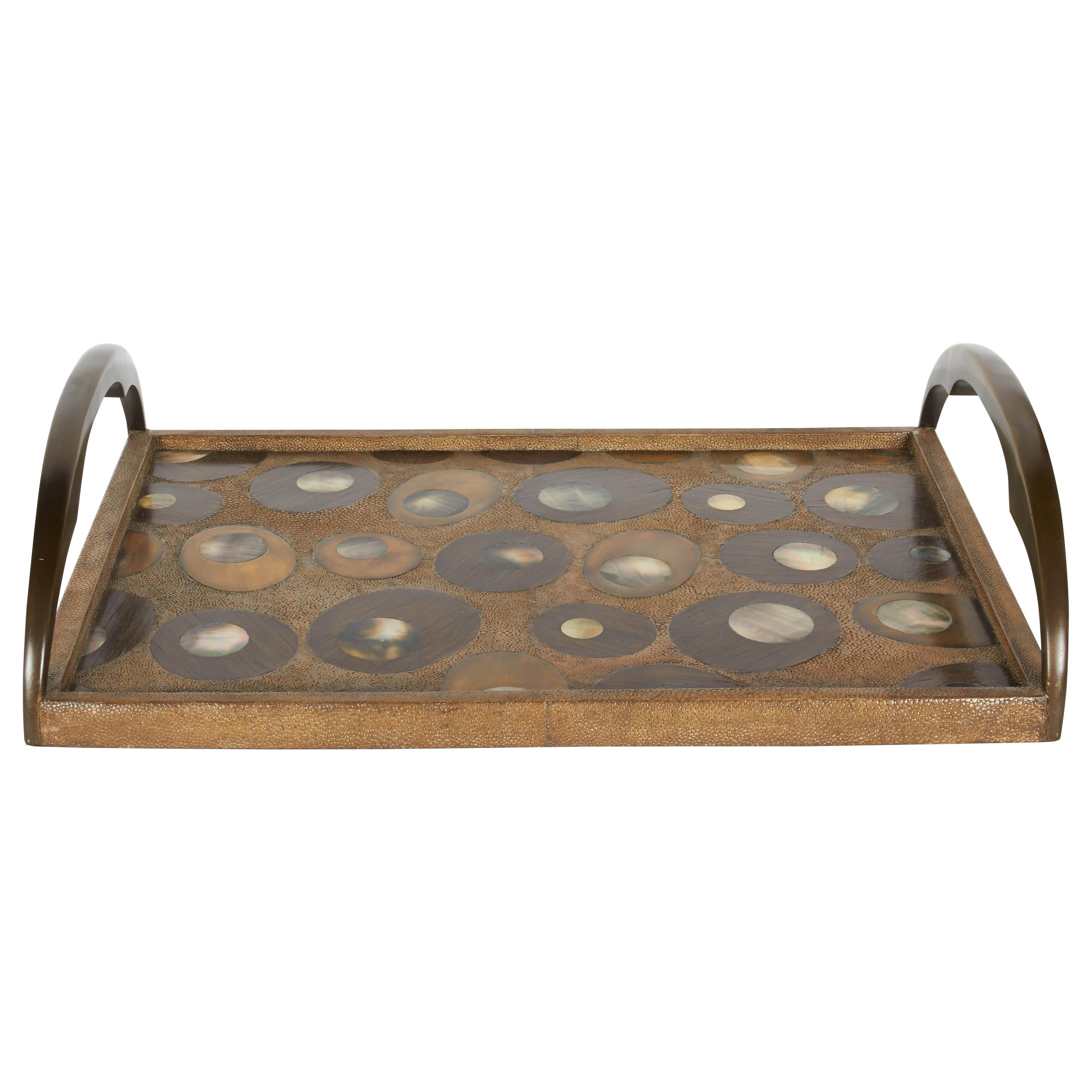 Organic Modern Shagreen Tray with Mother of Pearl Inlays and Bronze Hardware