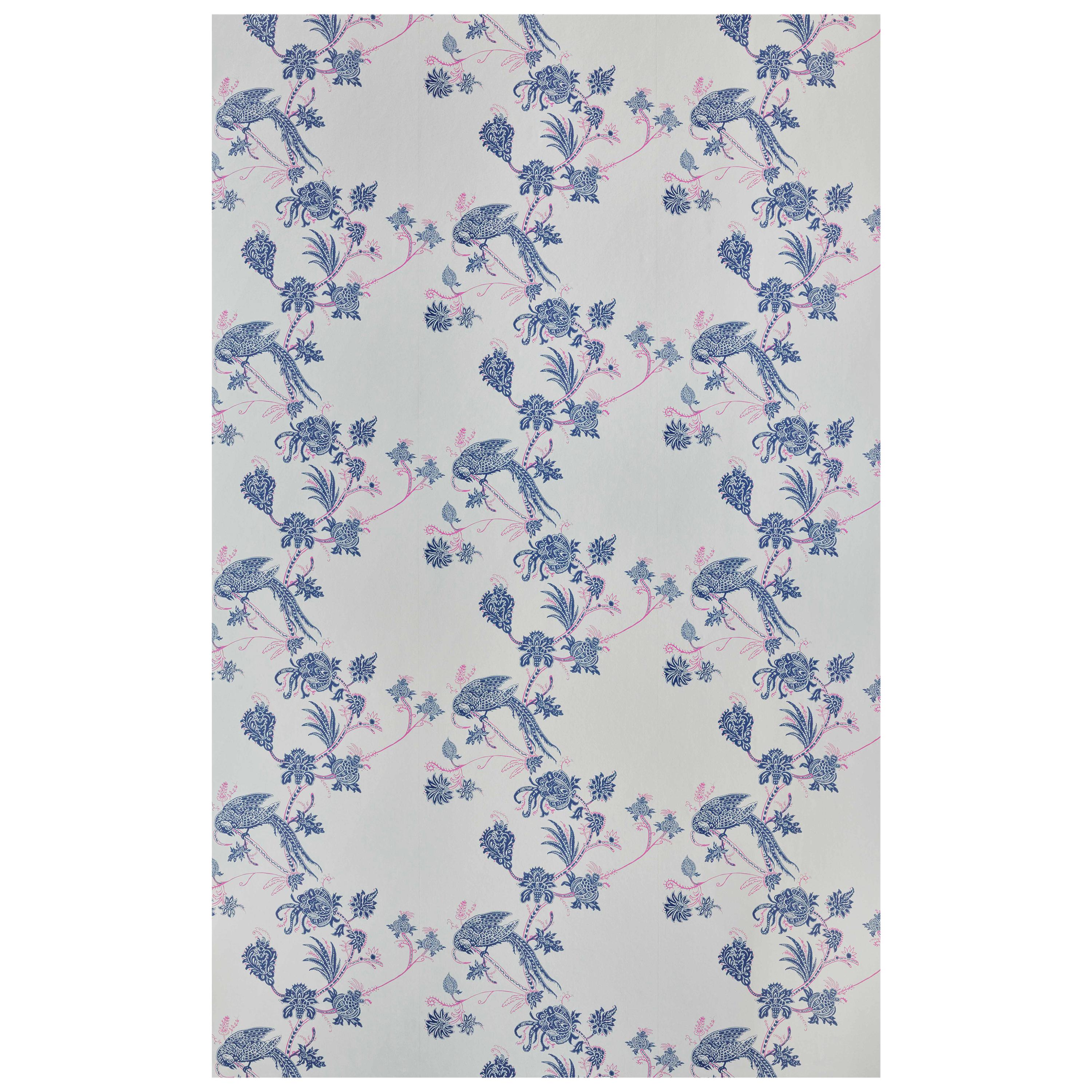 'Vintage Bird Trail' Contemporary, Traditional Wallpaper in Blue/Pink For Sale