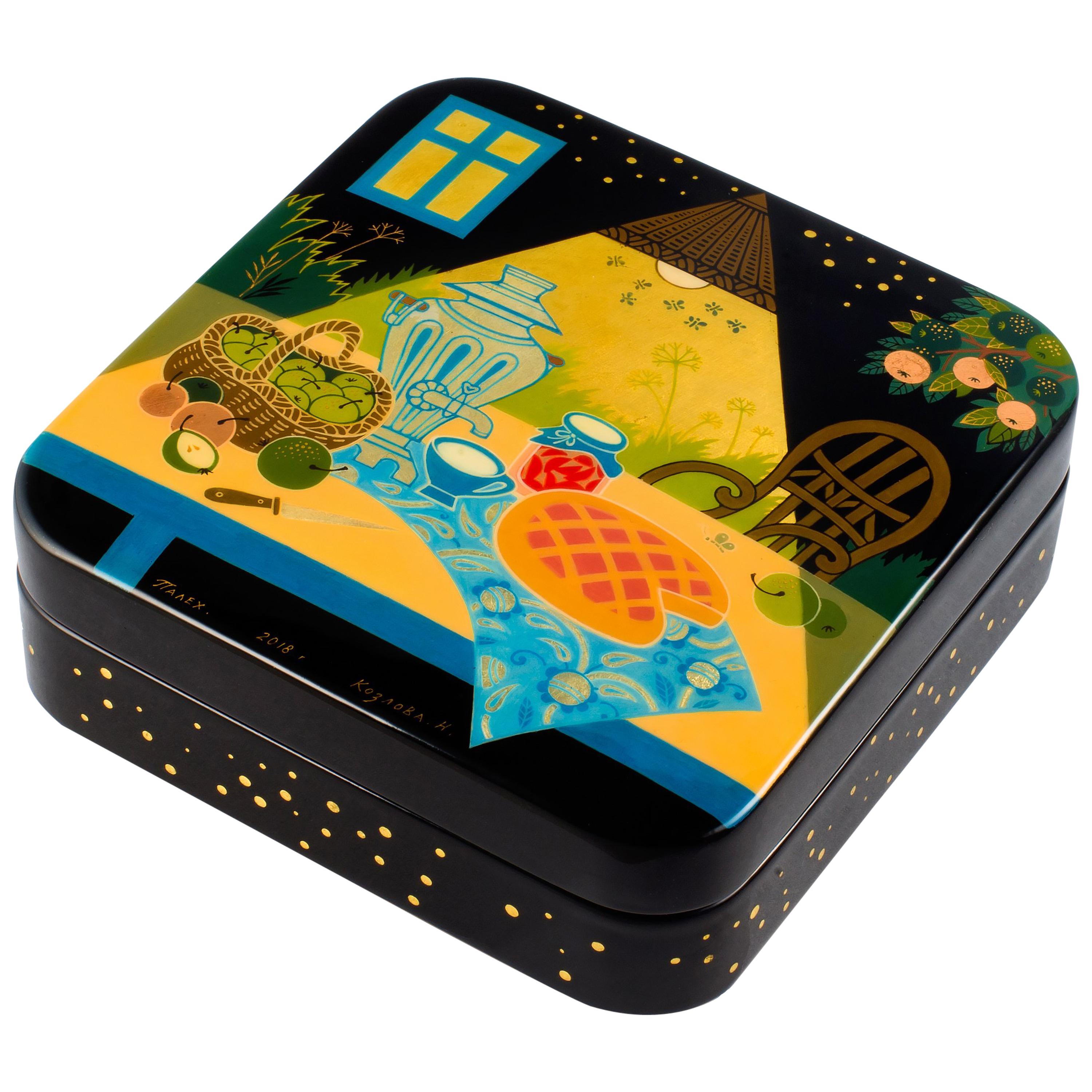 Contemporary Palekh Lacquered Jewelry Box For Sale