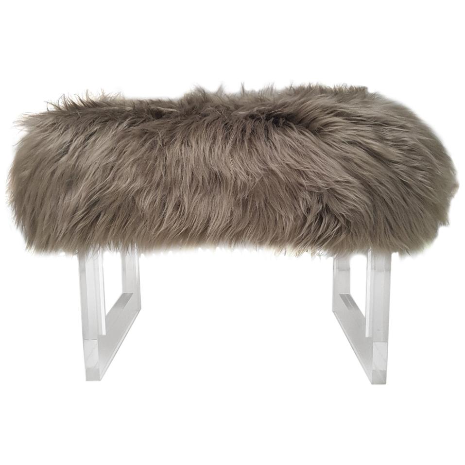 Lucite and Taupe Sheepskin Bench