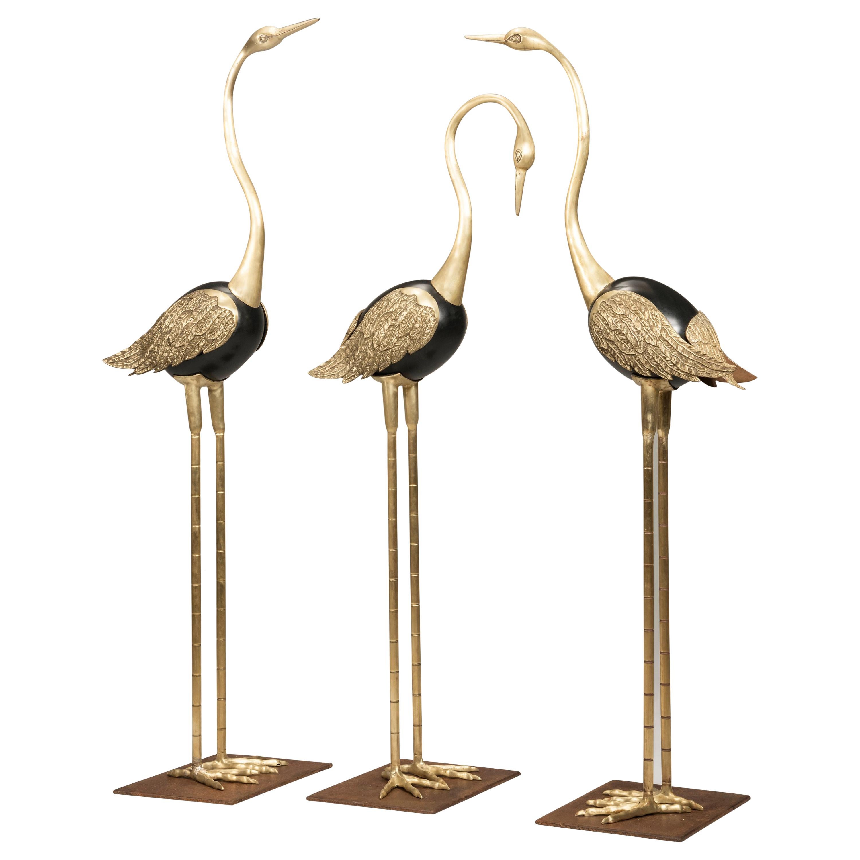 Art Deco Golden Brass and Black Metal Flamingos, Italy, 1940s