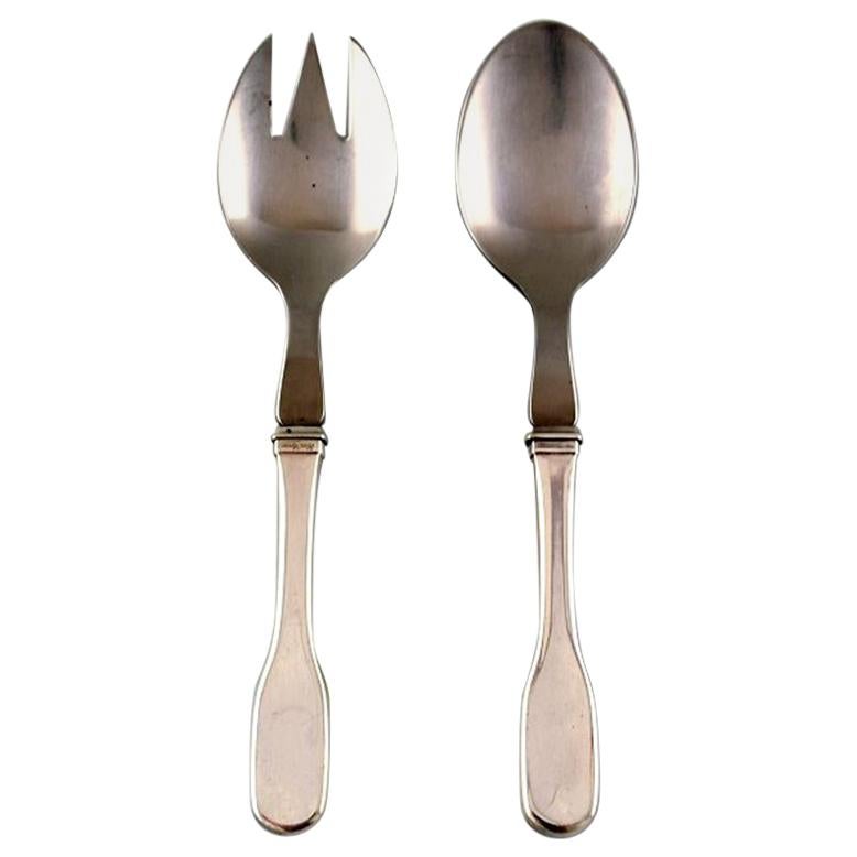 Hans Hansen Cutlery Susanne Salad Set in Sterling Silver and Stainless Steel For Sale