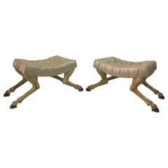 Venetian Painted Fruitwood Horse Leg Tufted Bench, Pair