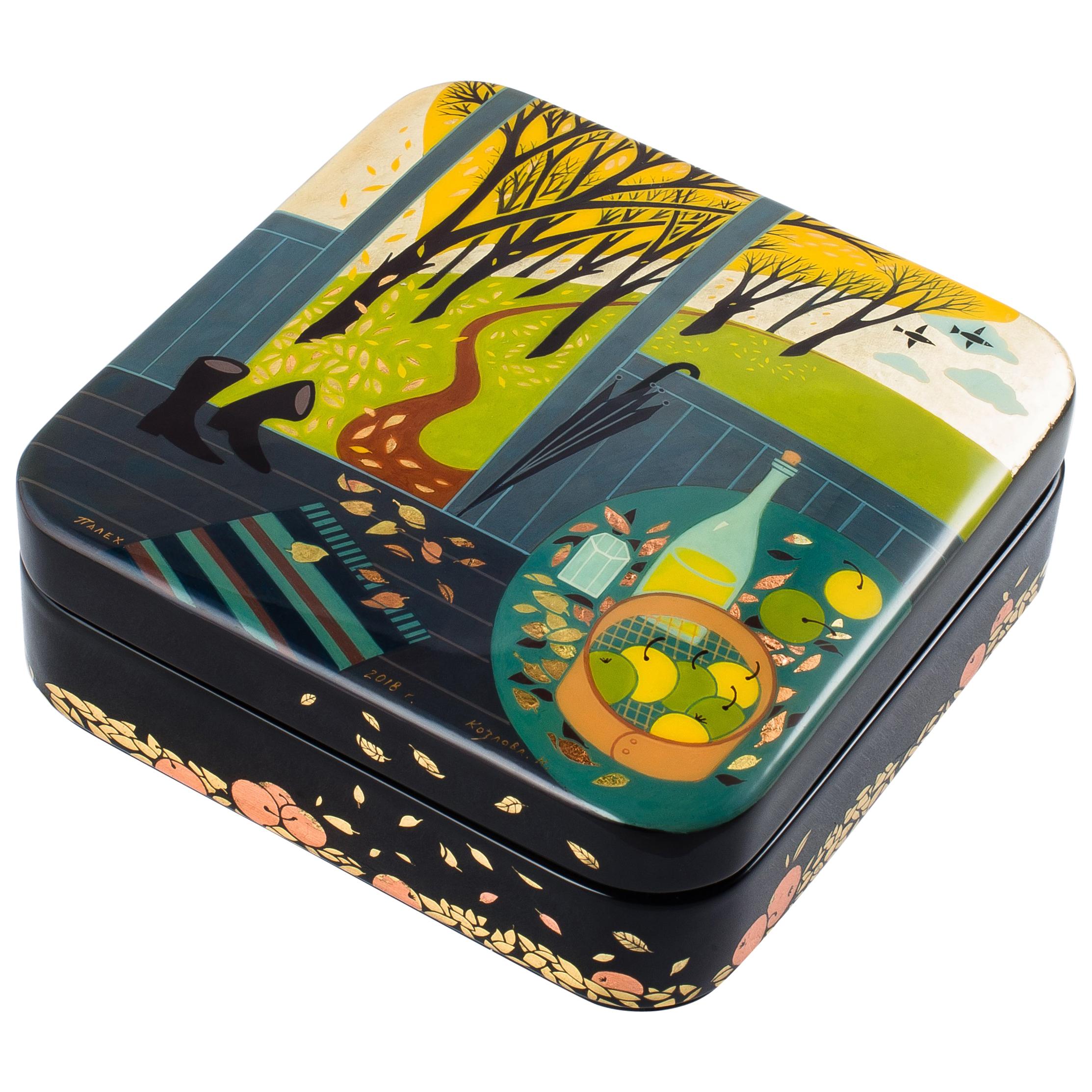 Contemporary Palekh Lacquered Jewelry Box For Sale