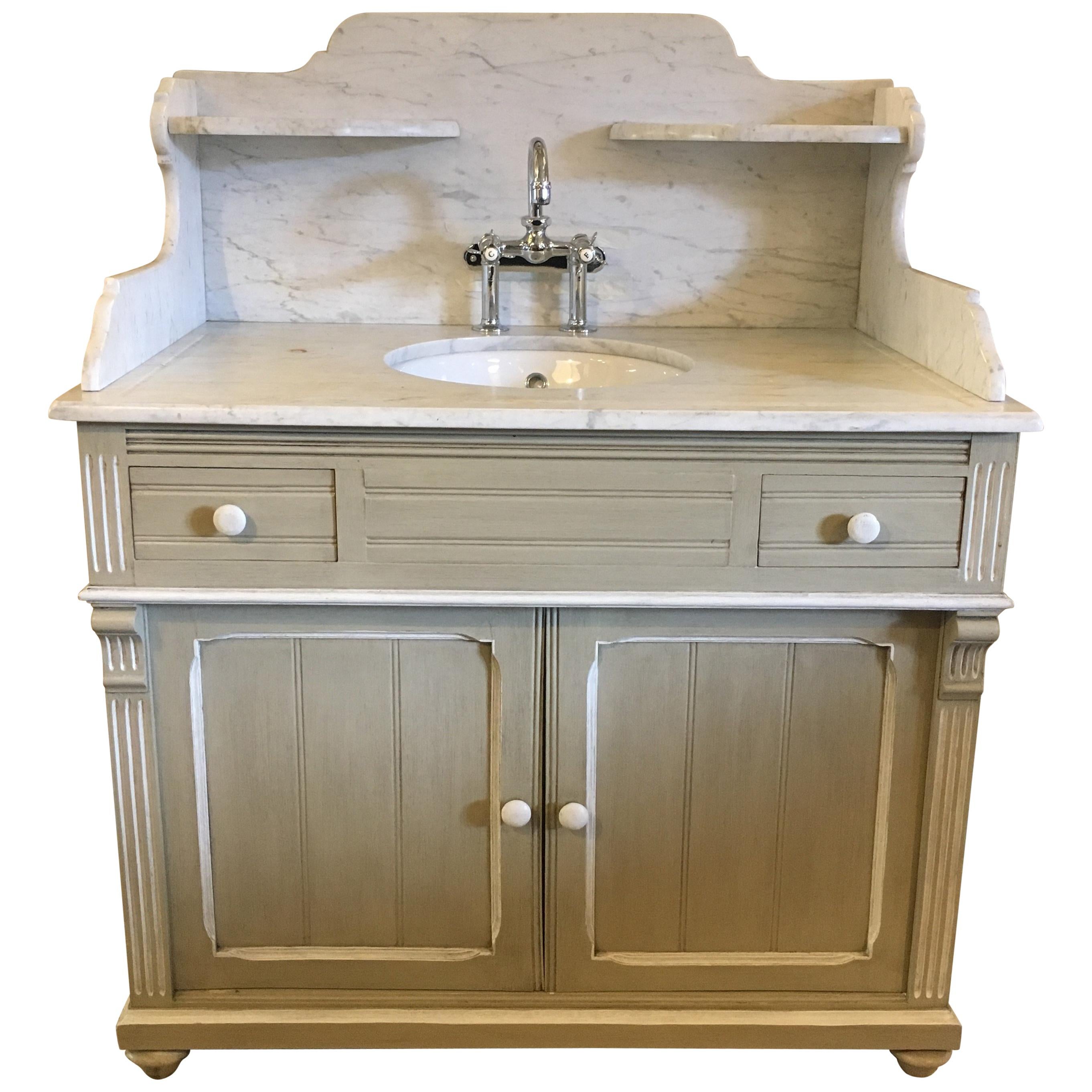 19th Century French Lacquered Cupboard Sink with Carrara Marble Top, 1890s