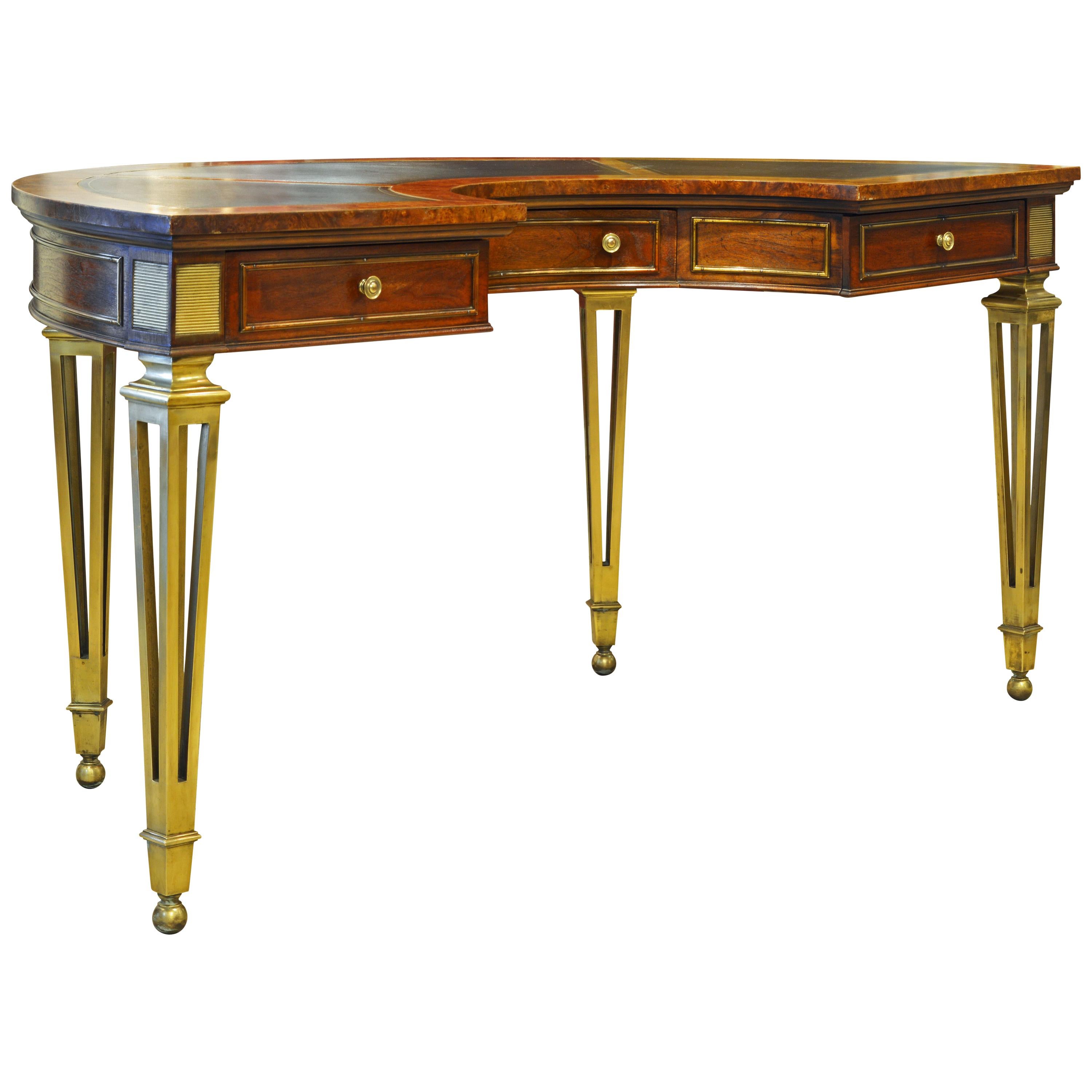 Exceptional Midcentury Semi Circular Brass and Burled Wood Desk by Mastercraft