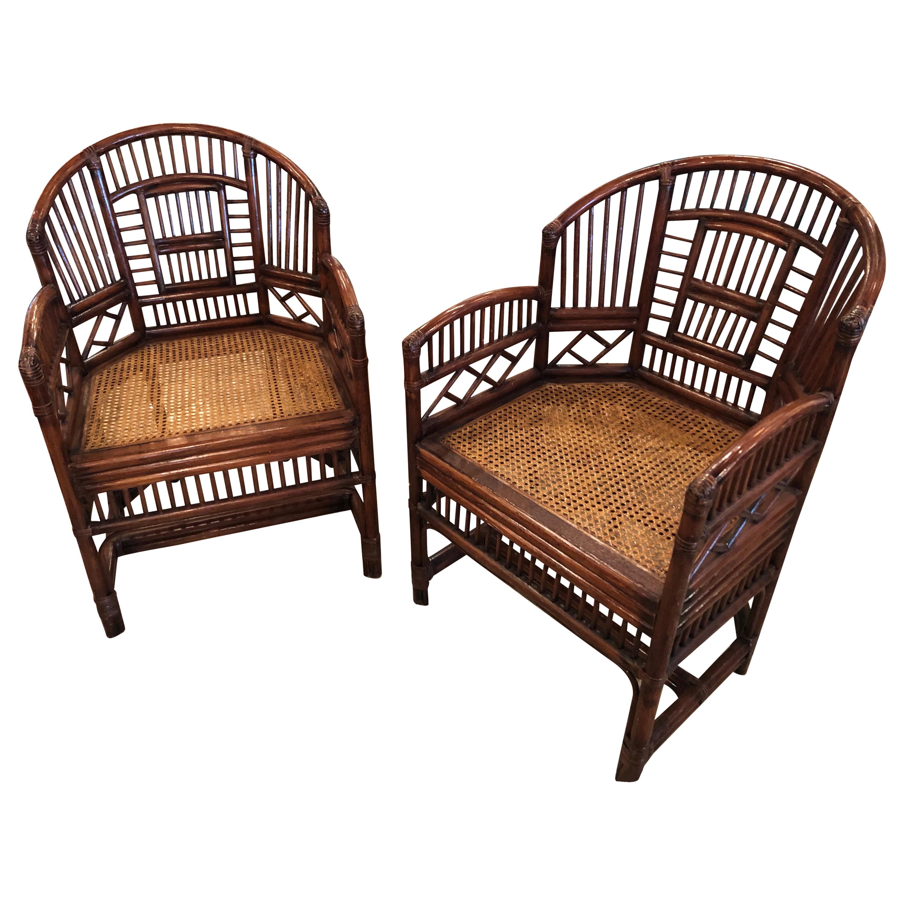 Vintage Pair of Brighton Style Bamboo and Rattan Chinese Chippendale Arm Chairs