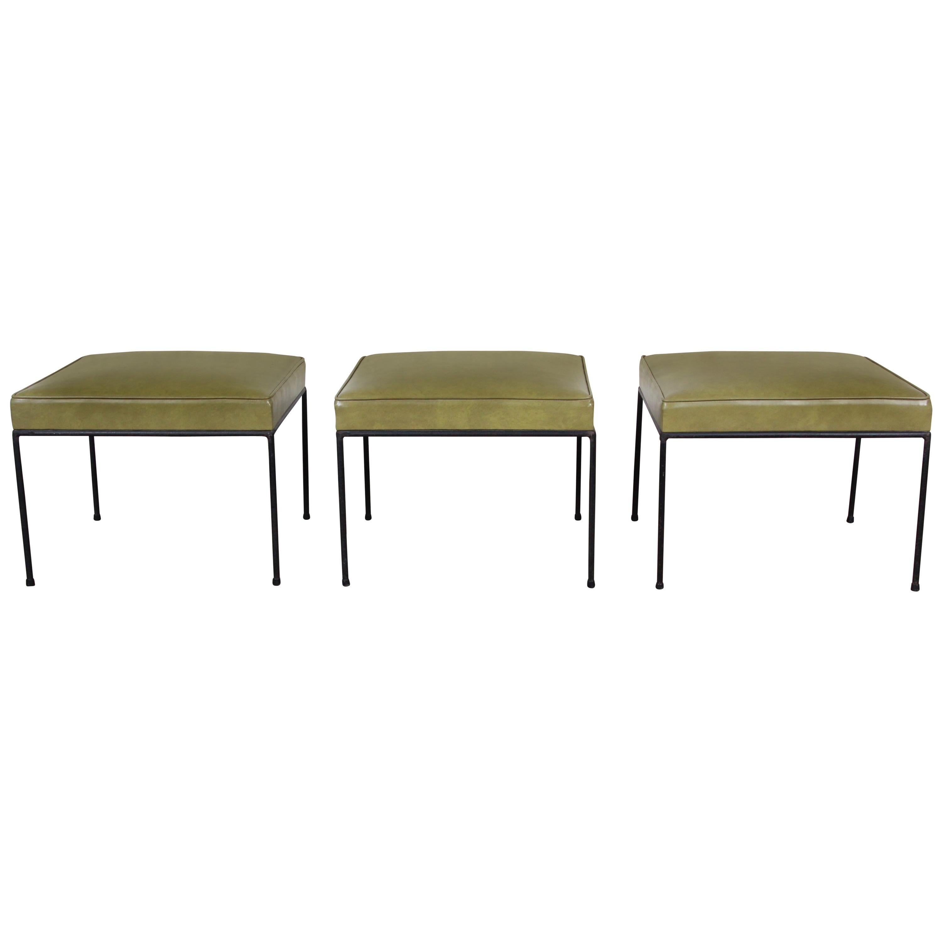 Paul McCobb Upholstered Iron Stools or Ottomans, Set of Three