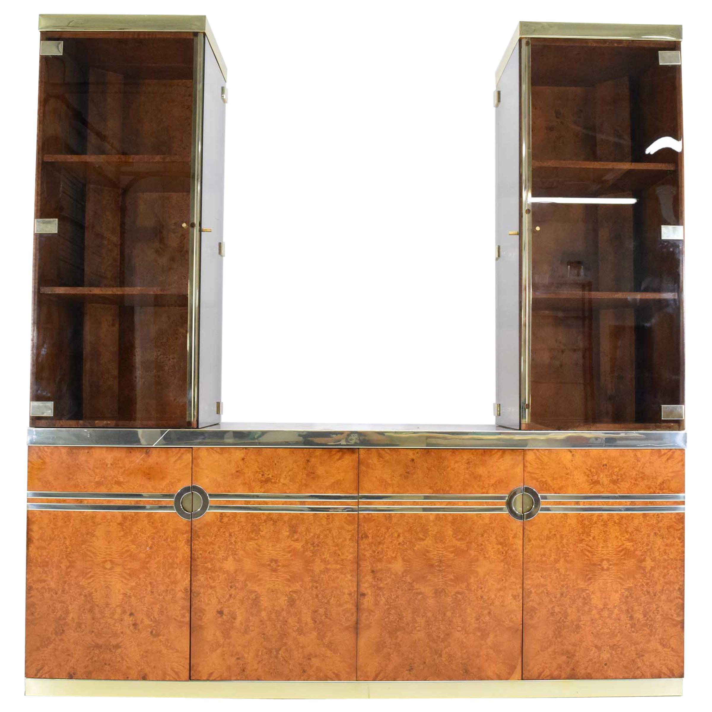 Pierre Cardin Signed Burl Wood Sideboard with Two Tower Cabinets, France, 1970s