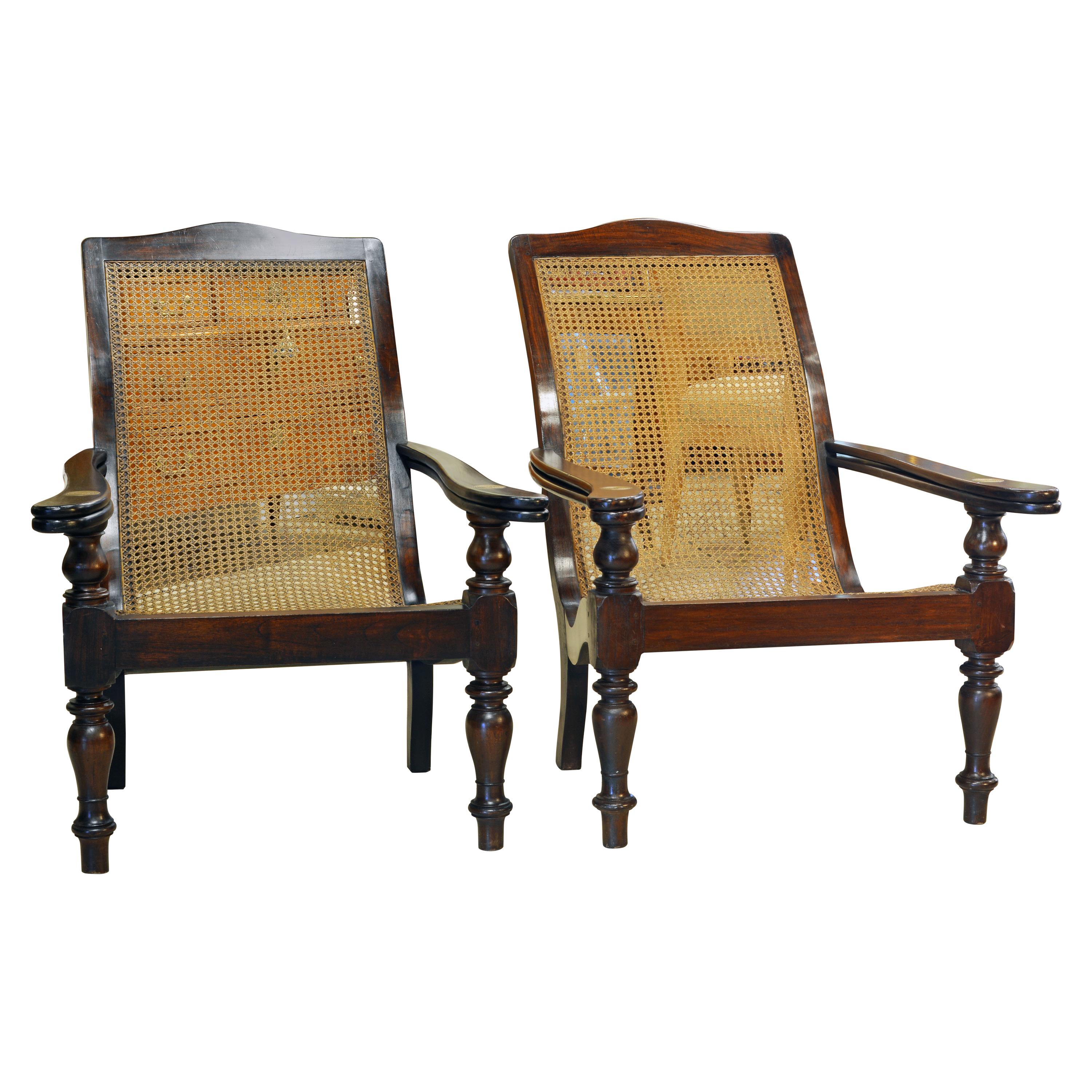 Pair of Anglo Indian Style 20th Century Mahogany and Cane Seat Plantation Chairs