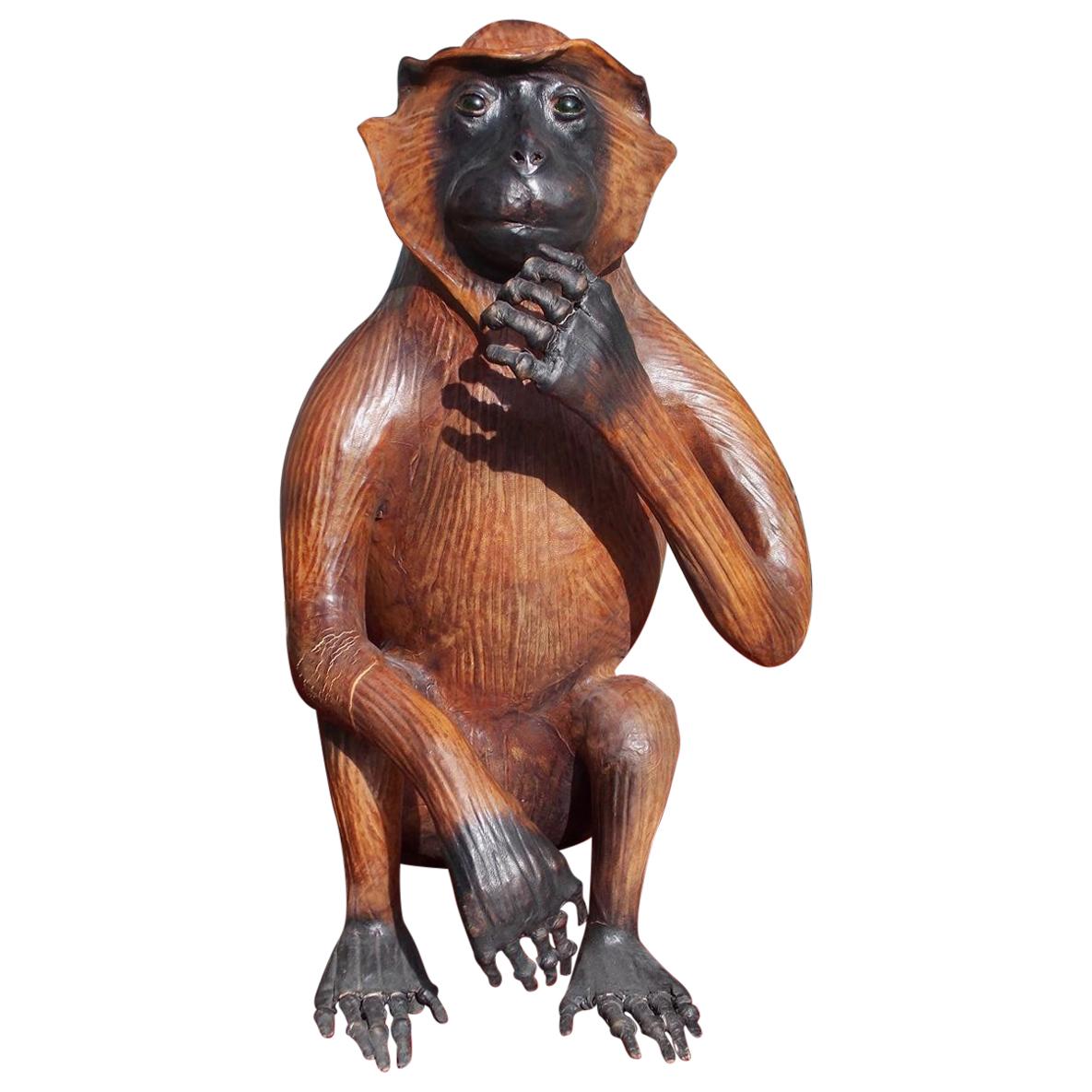 American Art Deco Life-Size Leather Monkey with Green Glass Eyes, 20th Century