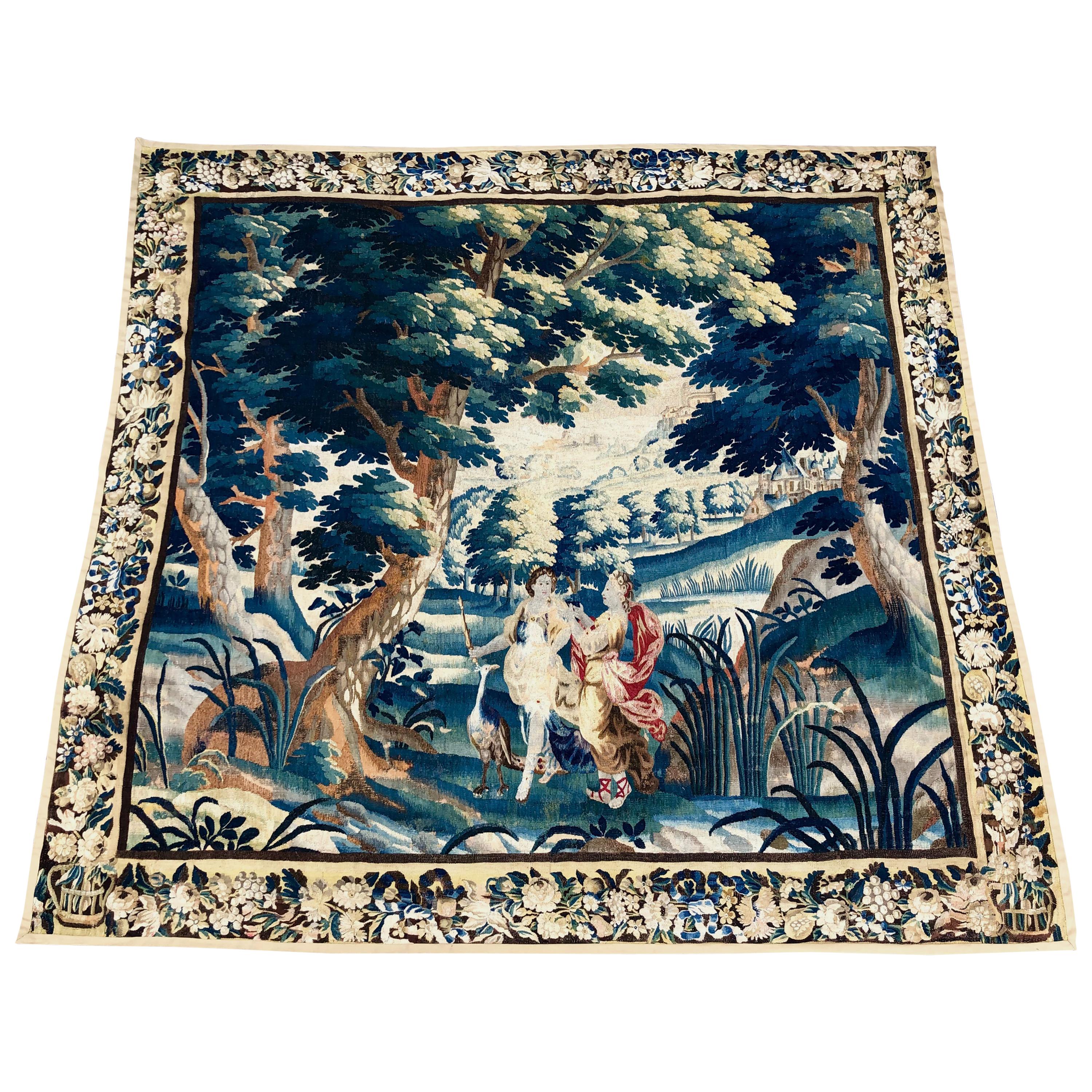 Substantial Antique Flemish Verdue Tapestry Featuring Figures and Castle