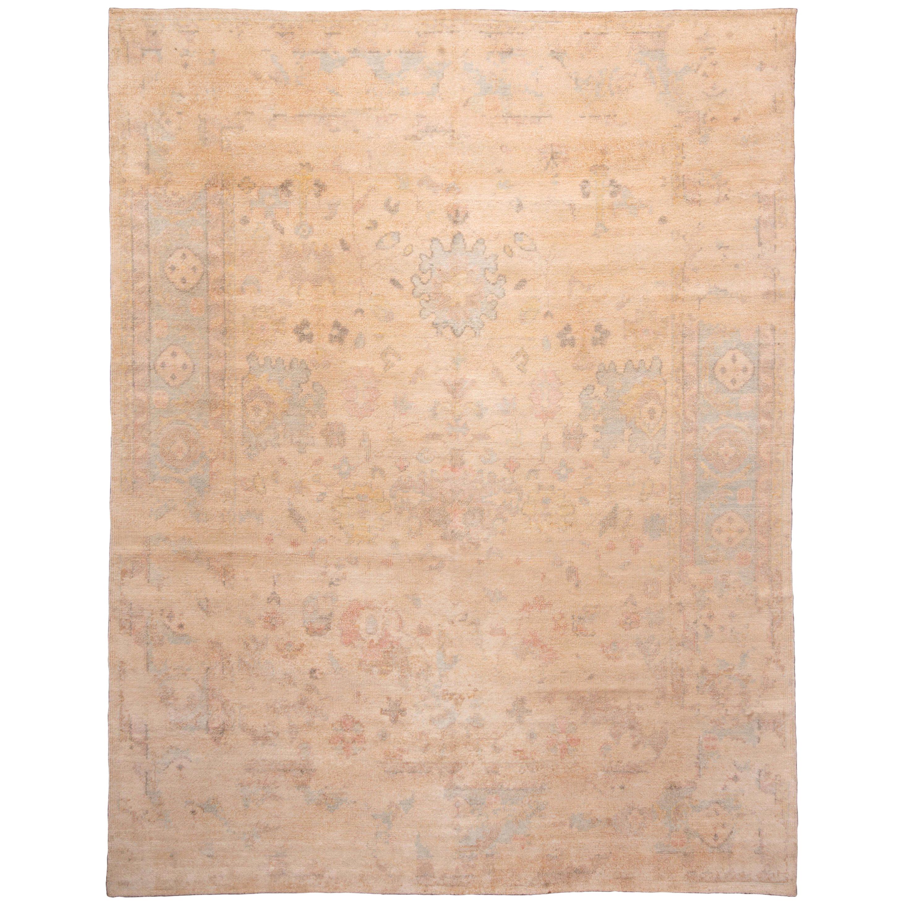New Traditional Oushak Pastel Wool and Silk Rug with Floral Accents