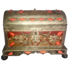 Vintage Moroccan Storage Chest, Carved Bone, Silver Repousse, Tuareg Leather