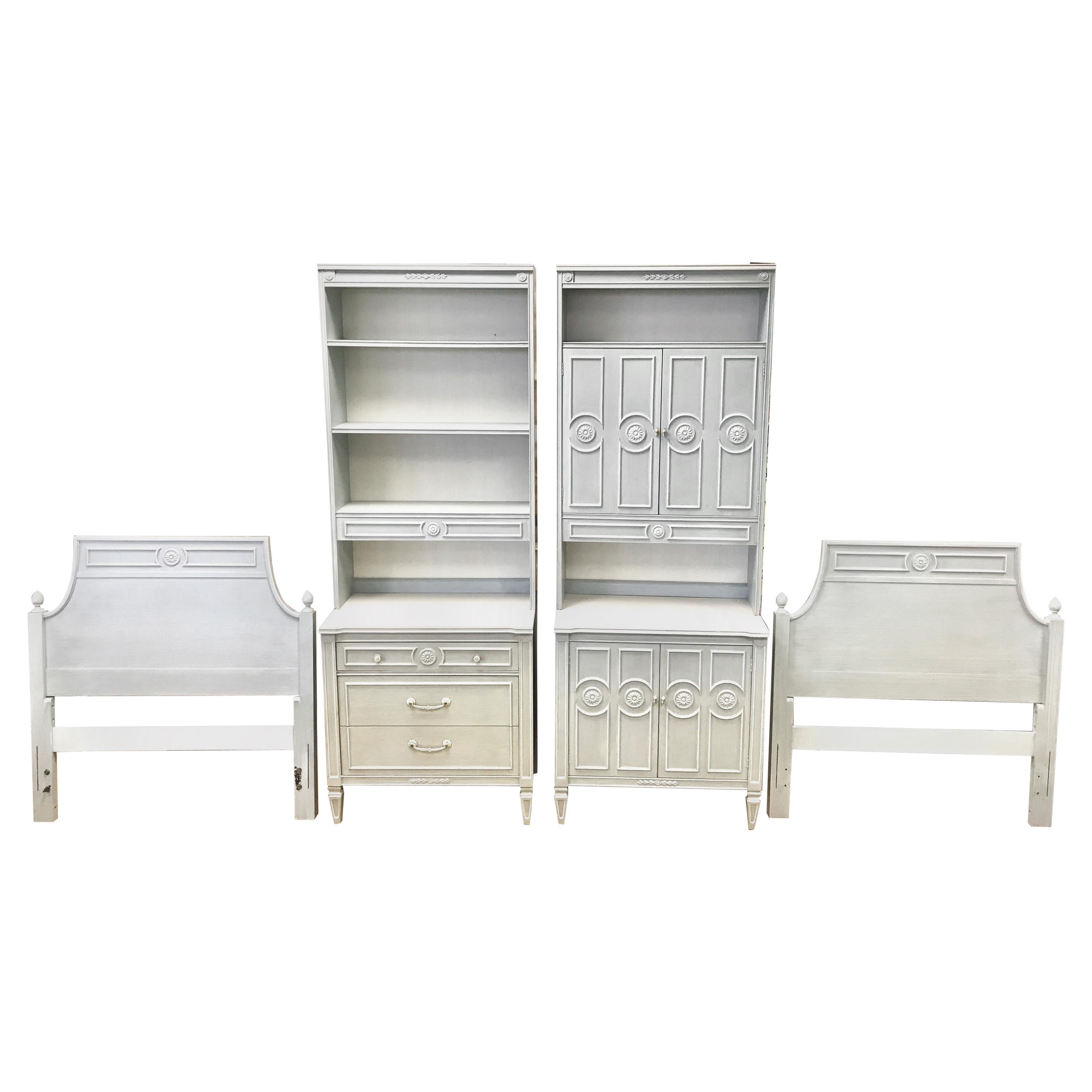 Swedish Style Powder Blue Grey Bedroom Set, Bookcases, Chests, Twin Headboards