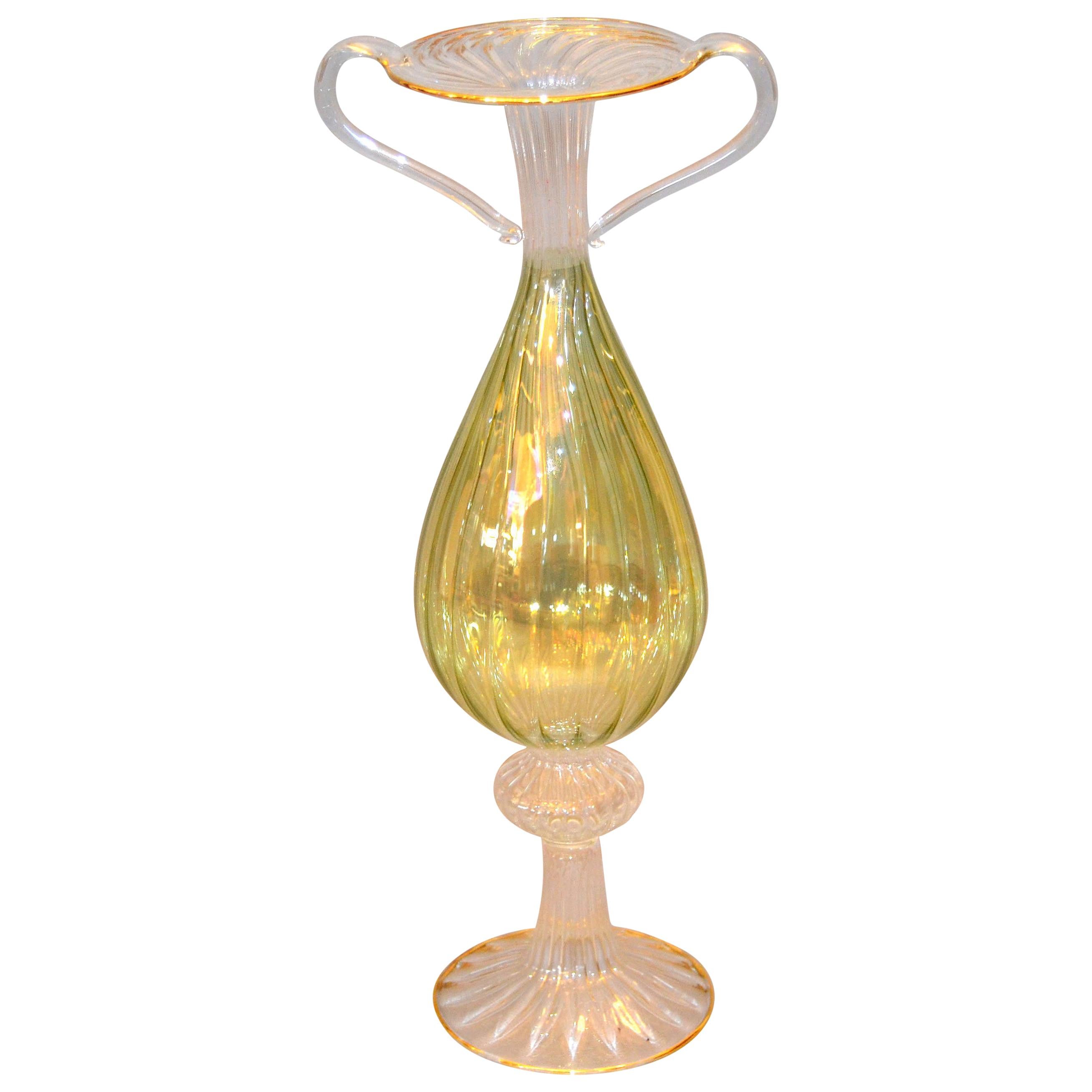 Venetian Murano Gold, Green and Clear Hand Blown Art Glass Tall Flower Vase