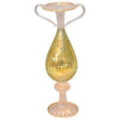 Vintage Venetian Murano Gold, Green and Clear Hand Blown Art Glass Tall Flower Vase