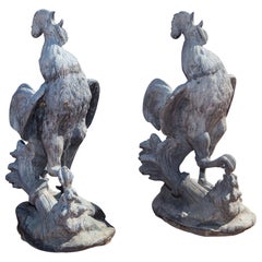 Vintage Pair of Early 20th Century Lead Crowing Roosters