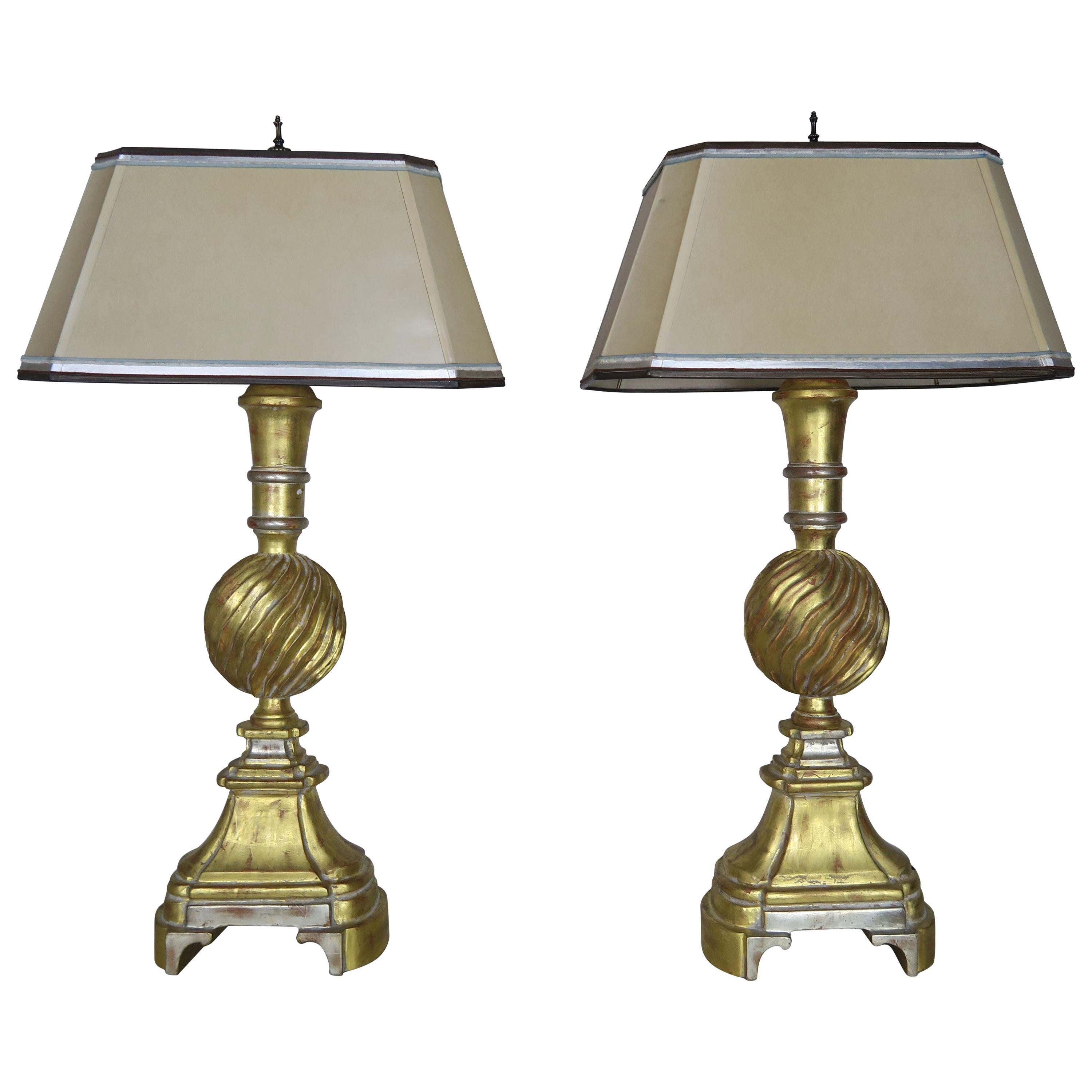 Pair of 22-Karat Gold and Silver Leaf Lamps with Parchment Shades