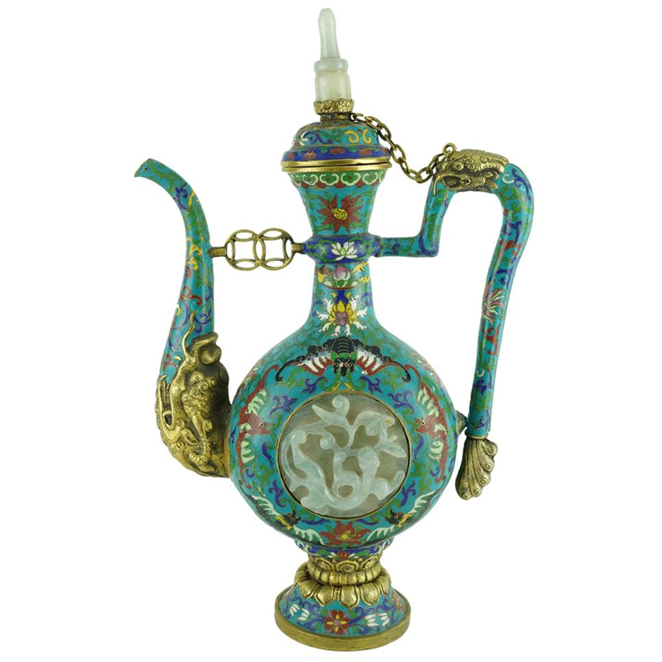 Chinese Mongolian, Style Cloisenne and Jade Ewer For Sale