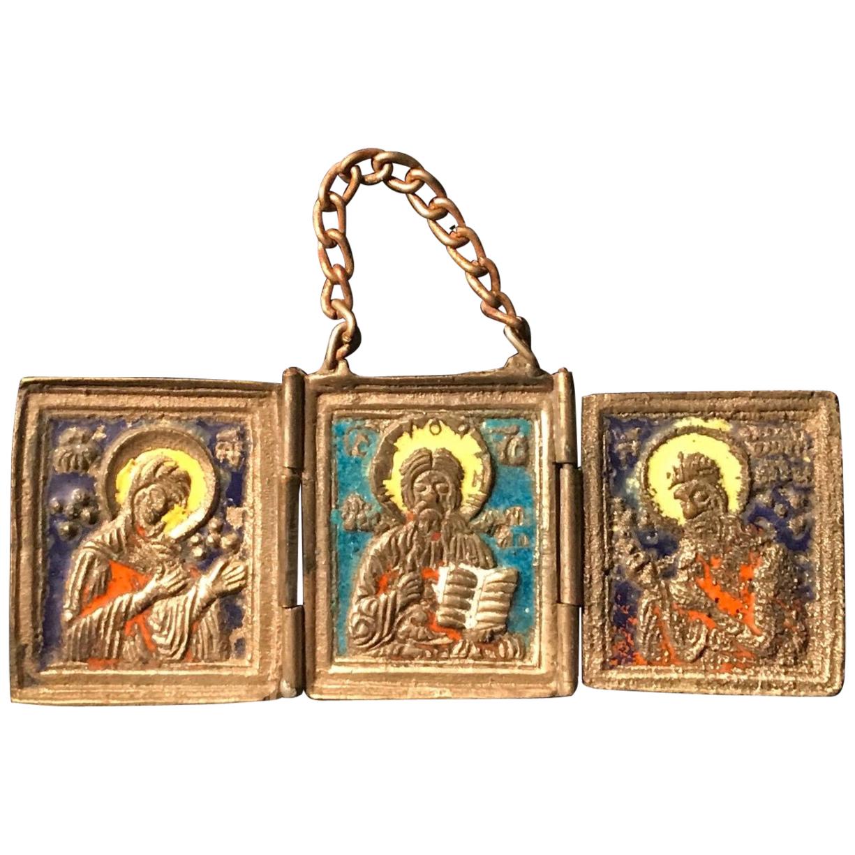 19th Century Russian Orthodox Enameled Bronze Folding Traveling Altar Icon