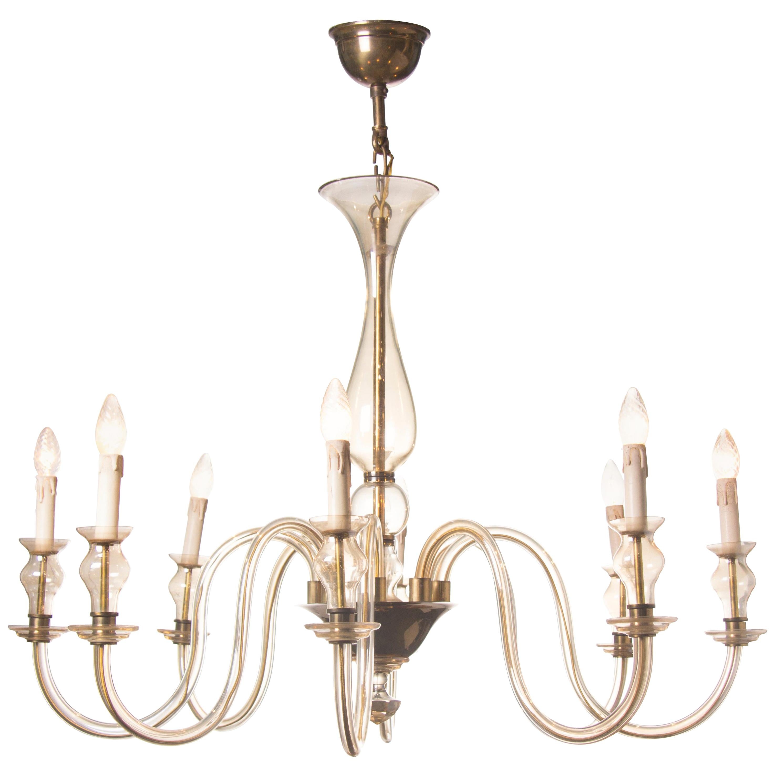 Elegant Midcentury 1960s Vintage Eight-Arm Murano Amber Glass Chandelier