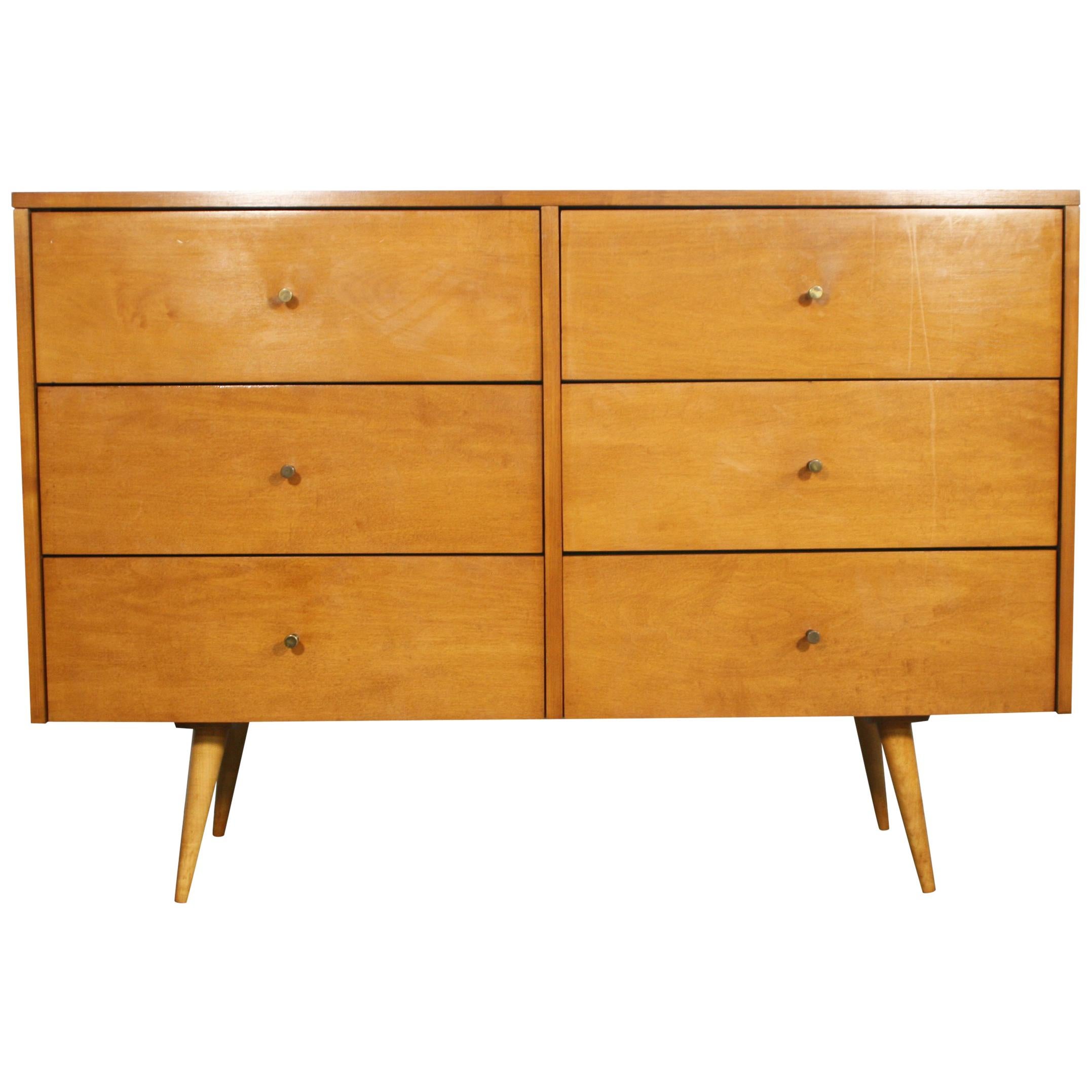 Midcentury Paul McCobb Six-Drawer Dresser Credenza #1509 Blonde Maple Brass